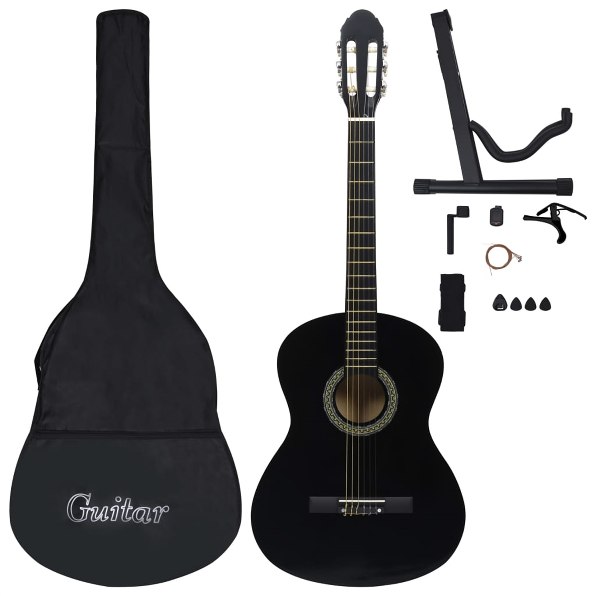 Schwarze Akustikgitarre mit schwarzem Koffer und Zubehör, einschließlich Ständer und Plektren.