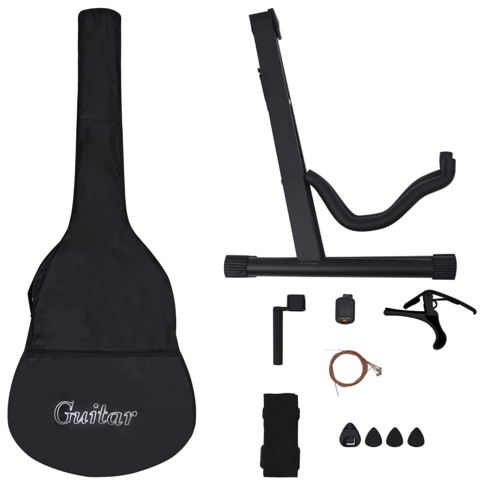 Gitarrenkoffer mit dem Wort "Gitarre", Gitarrenständer, Kapodaster, Plektren und weiteres Zubehör. Alles schwarz.