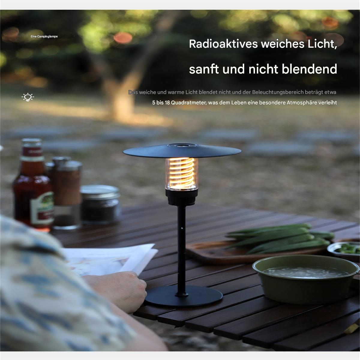 Das Bild zeigt eine Lampe auf einem Tisch mit einer Person. Die Lampe hat einen schwarzen Ständer und eine klare Abdeckung.