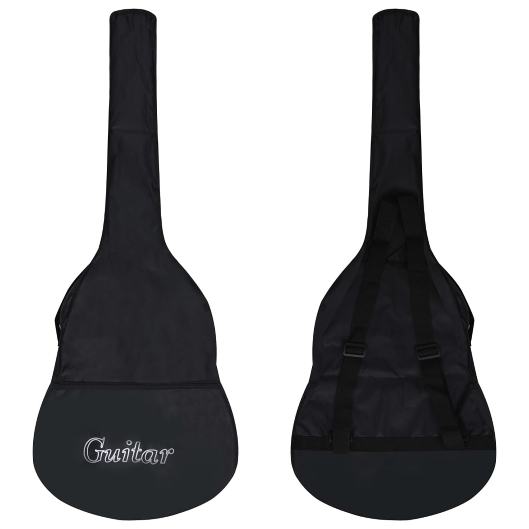 Zwei Ansichten eines schwarzen Gitarrenkoffers mit dem Wort „Gitarre“ auf der Vorderseite.