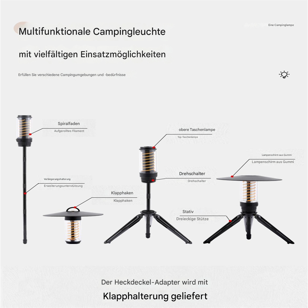 Diagramm einer Campinglaterne mit verschiedenen beschrifteten Komponenten. Enthält ein zusammenklappbares Stativ und eine Top-Leuchte.