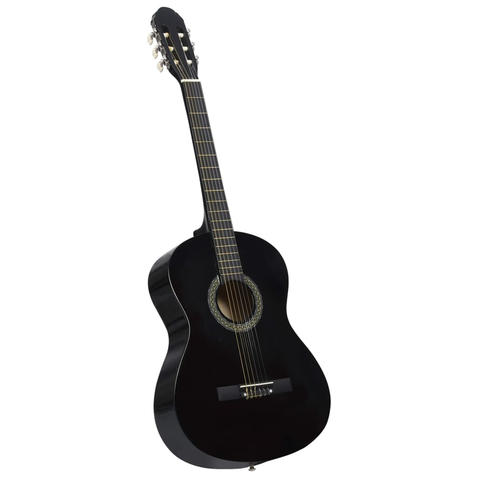Schwarze Akustikgitarre auf weißem Hintergrund, nach rechts angewinkelt.