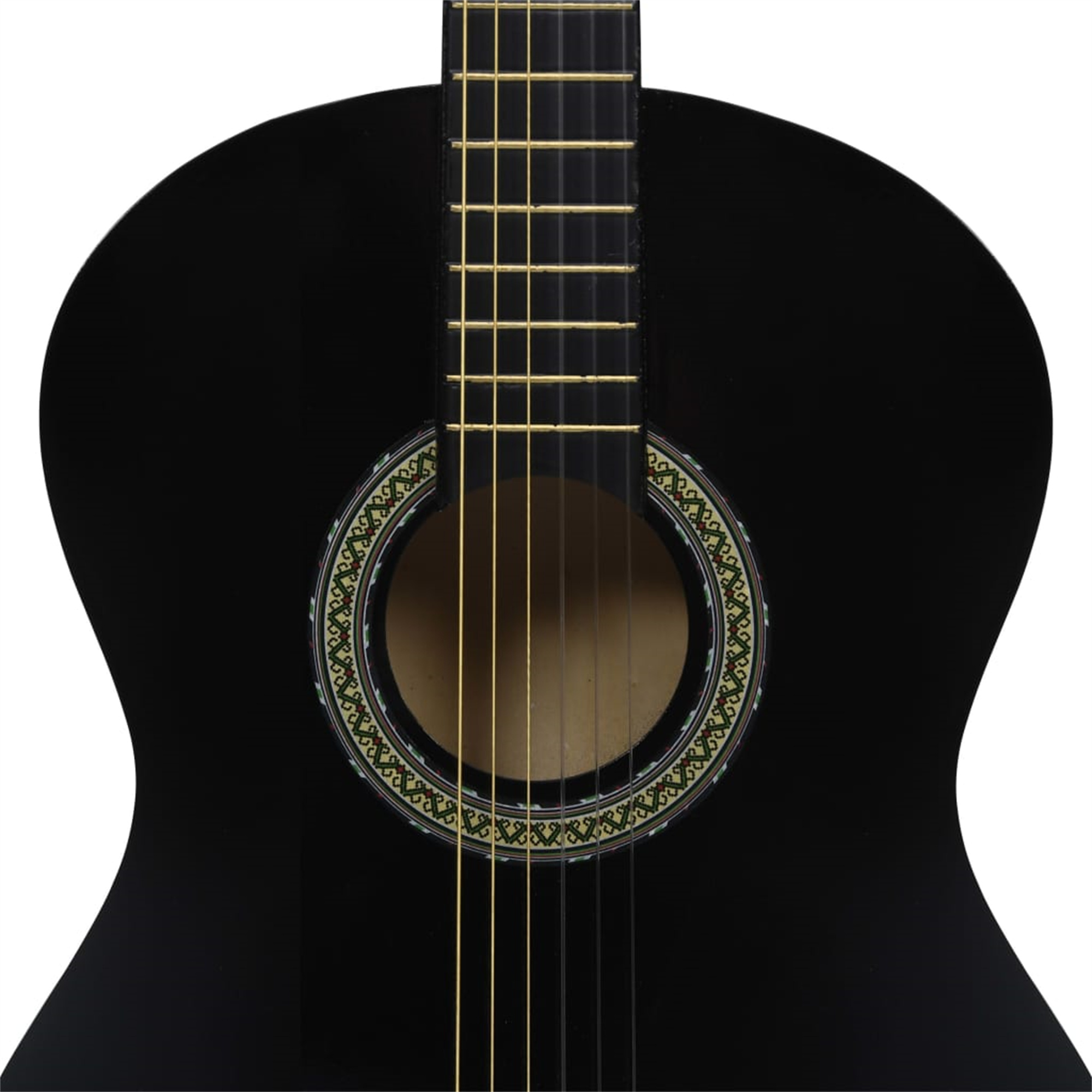 Schwarze Akustikgitarre. Die Gitarre befindet sich in der Mitte des Rahmens.