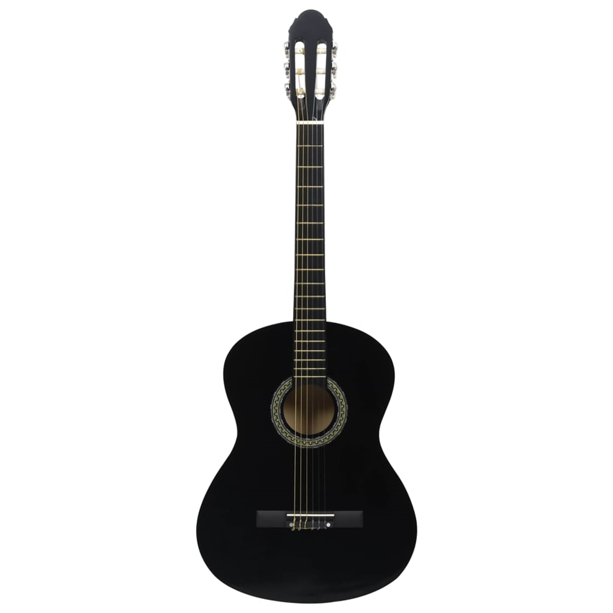 Eine schwarze Akustikgitarre. Sie hat ein Schallloch und einen Hals mit sechs Stimmwirbeln.