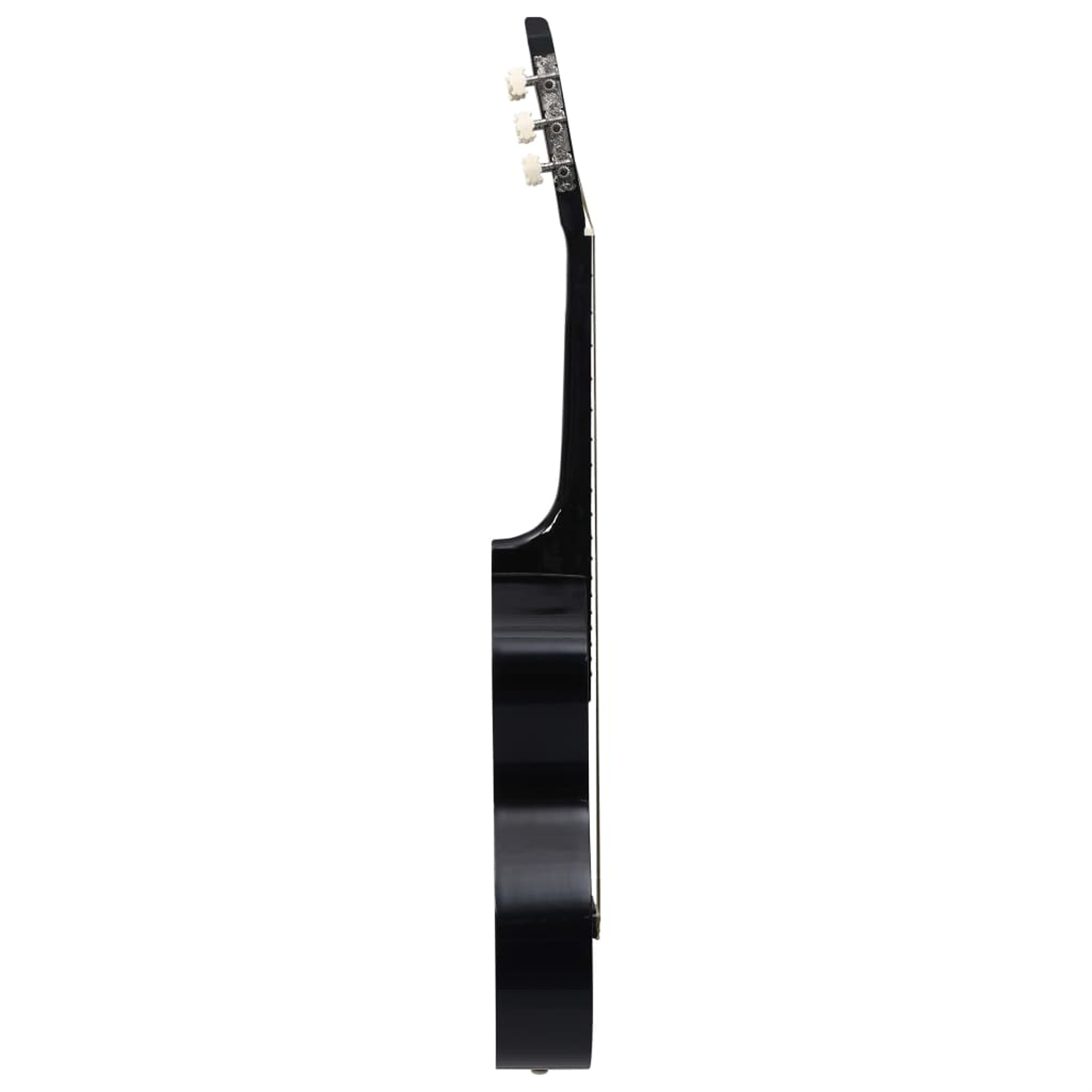Eine schwarze klassische Gitarre, Seitenansicht. Kopfplatte, Hals, Korpus und Saiten sind sichtbar.