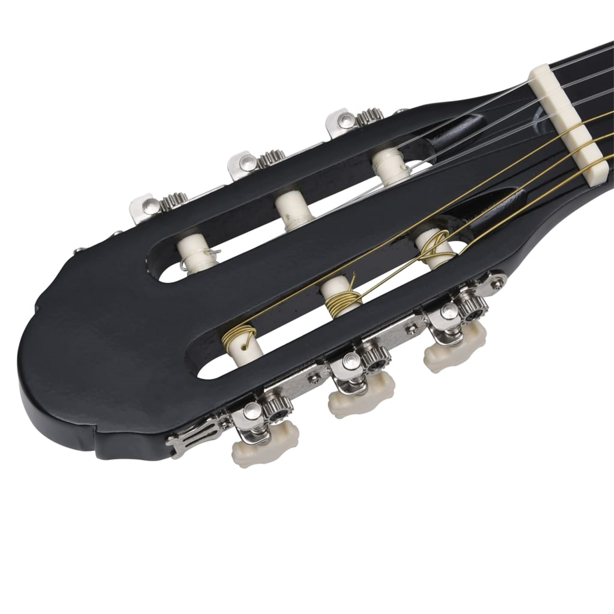 Nahaufnahme einer schwarzen Gitarrenkopfplatte mit Stimmwirbeln, Saiten.