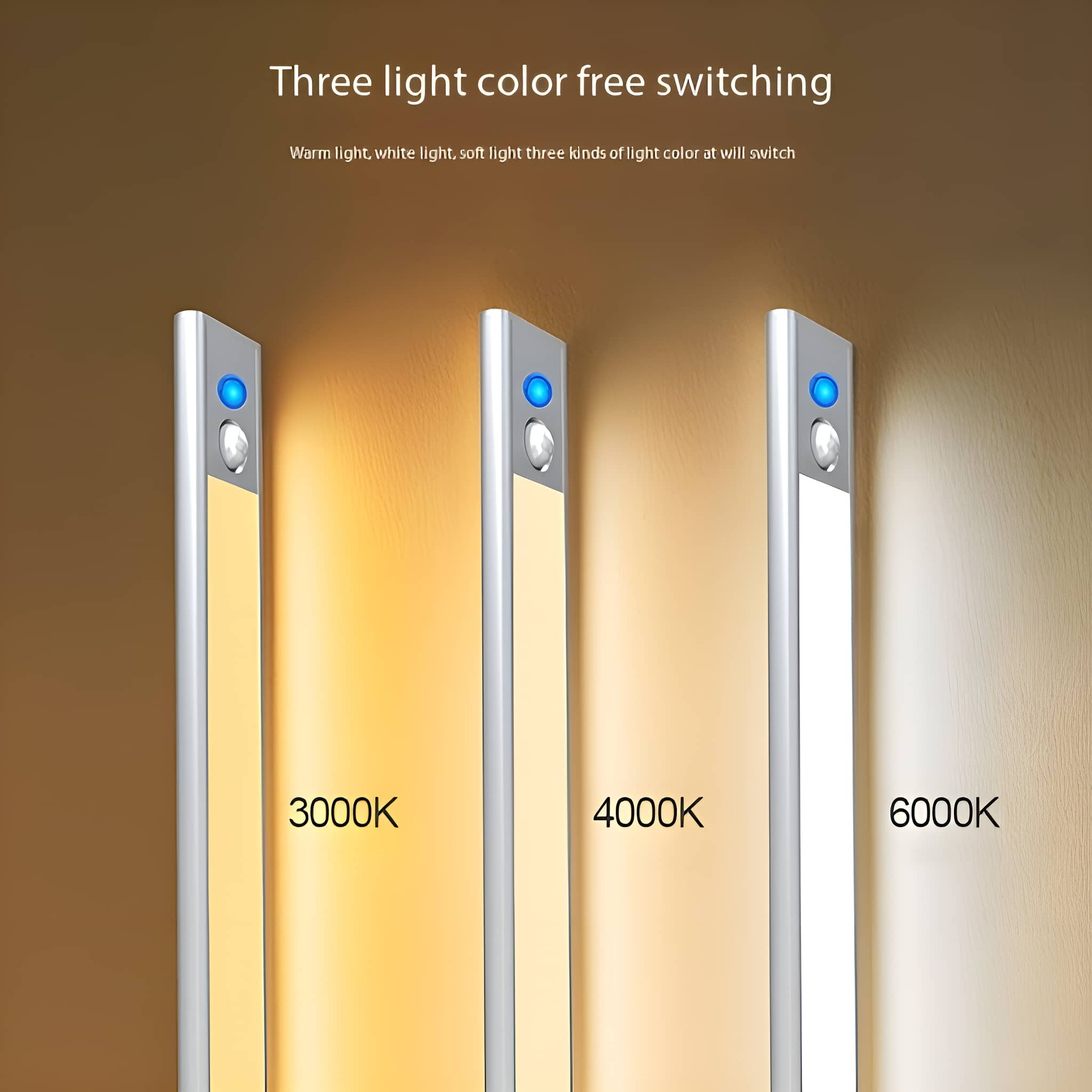 Drei LED-Leuchten mit drei Farbtemperaturen: warm, weichweiß und weiß, vor braunem Hintergrund.