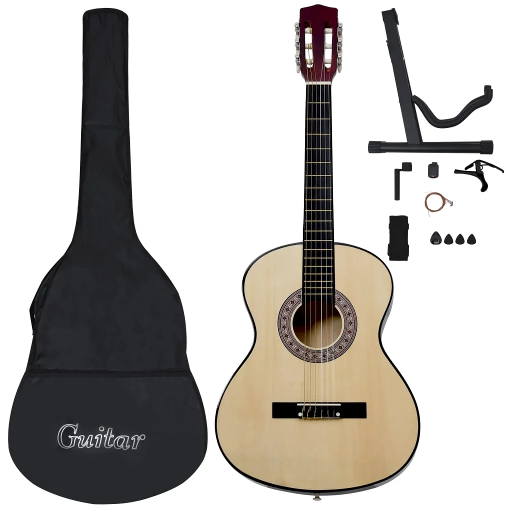 Eine Gitarre, ein Koffer und Zubehör auf weißem Hintergrund. Die Gitarre ist hellbraun.