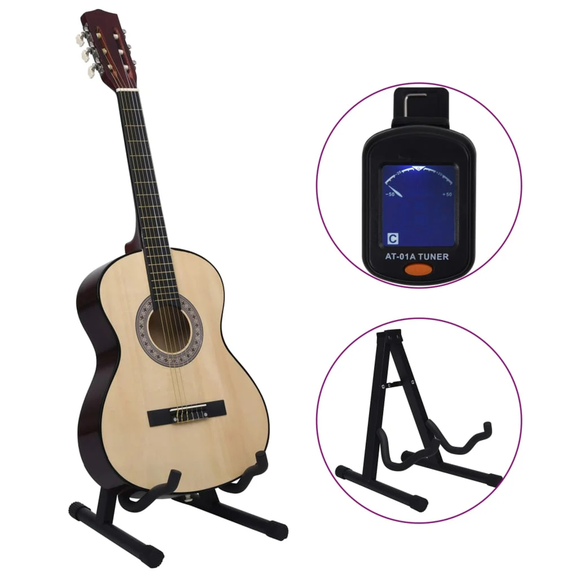Gitarre auf einem Ständer, Stimmgerät und ein weiterer Gitarrenständer. Weißer Hintergrund.