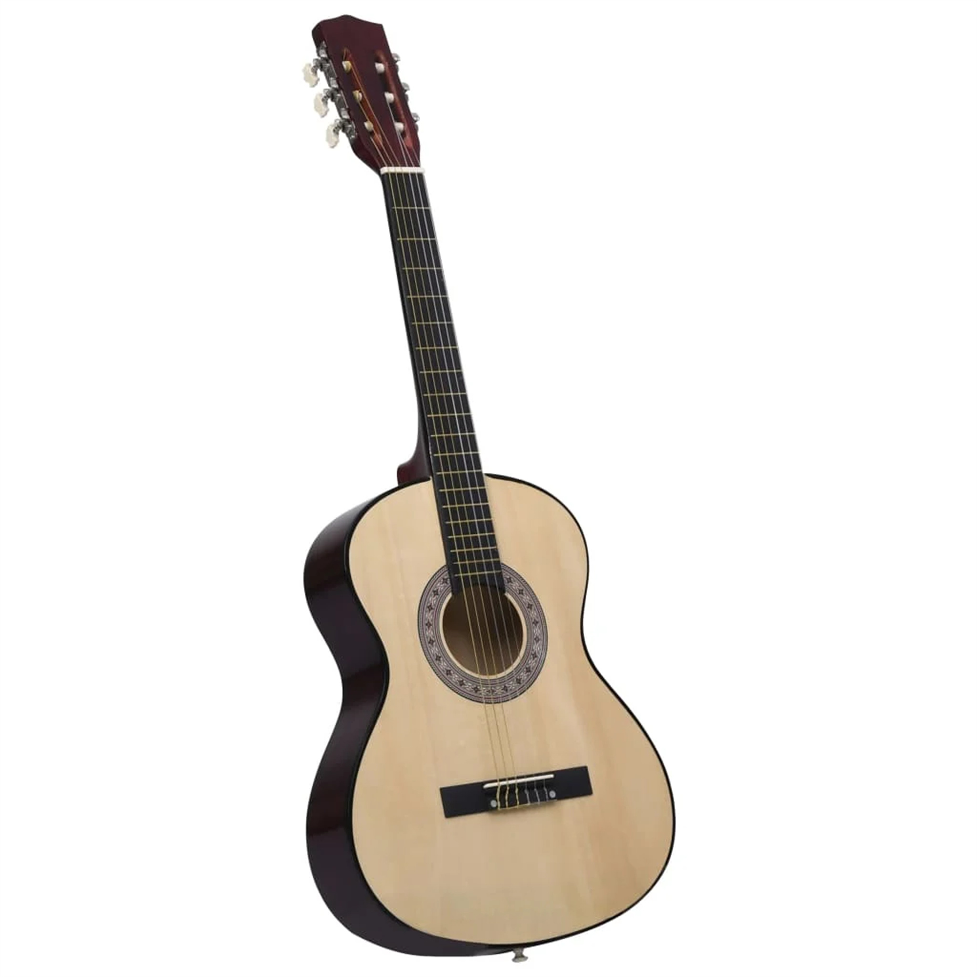 Akustikgitarre aus Holz auf Weiß. Sie ist angewinkelt, mit dunklem Holzkorpus und hellem Holzdeck.
