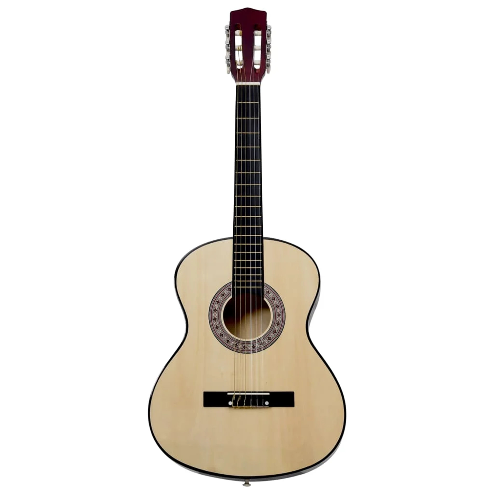 Eine klassische Gitarre auf weißem Hintergrund. Sie hat eine natürliche Holzfarbe.