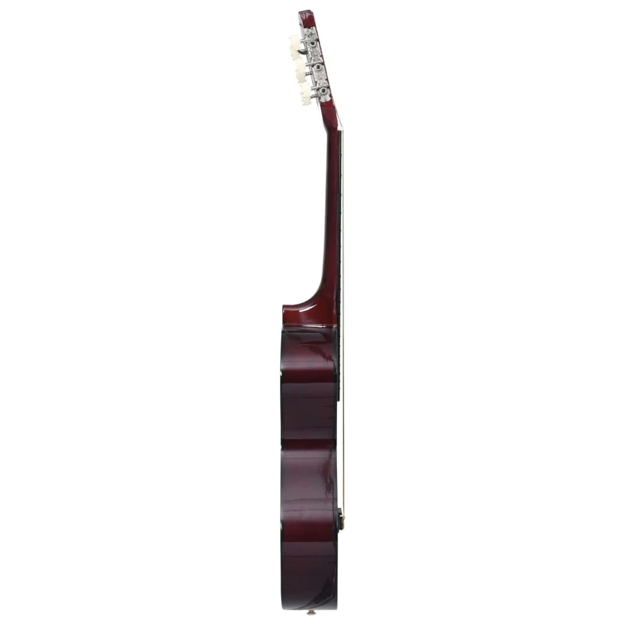 Seitenansicht einer dunkelroten Akustikgitarre, die das Profil und die Details des Instruments zeigt.