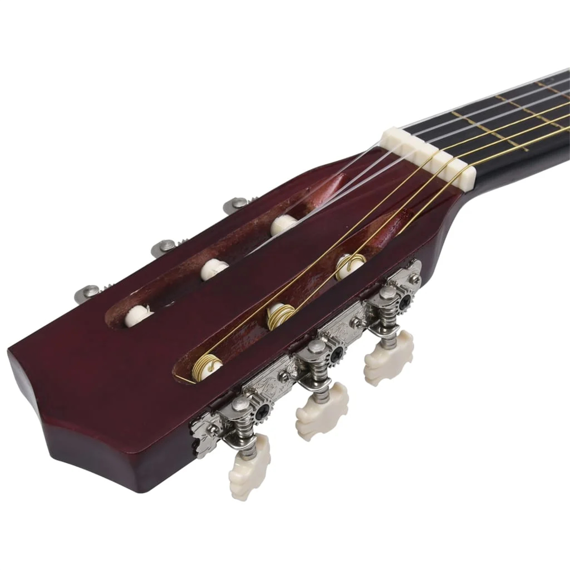 Nahaufnahme einer Gitarrenkopfplatte mit Stimmwirbeln und Saiten.