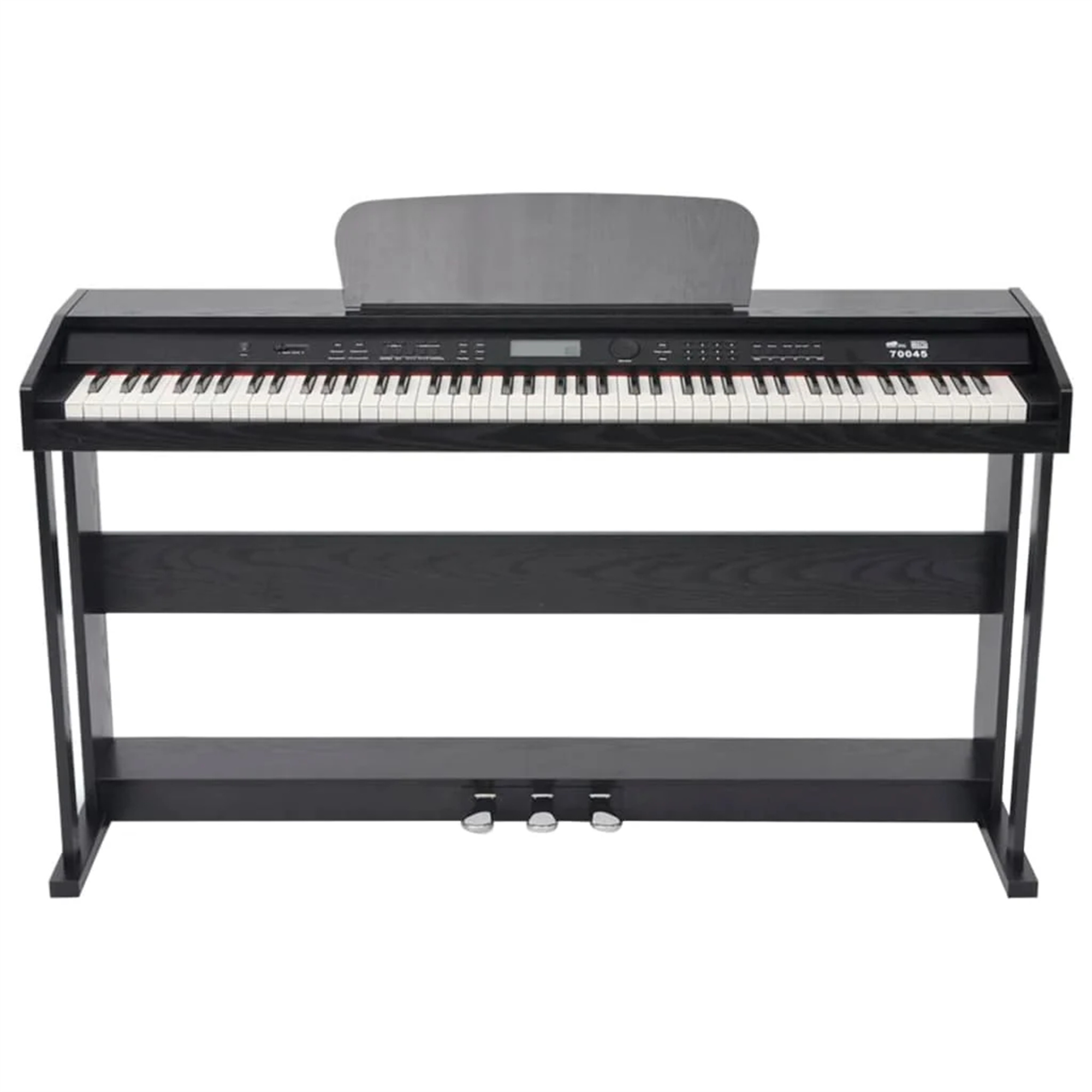Schwarzes Digitalpiano mit Tasten, Ständer und Pedalen. Grauer Notenhalter.