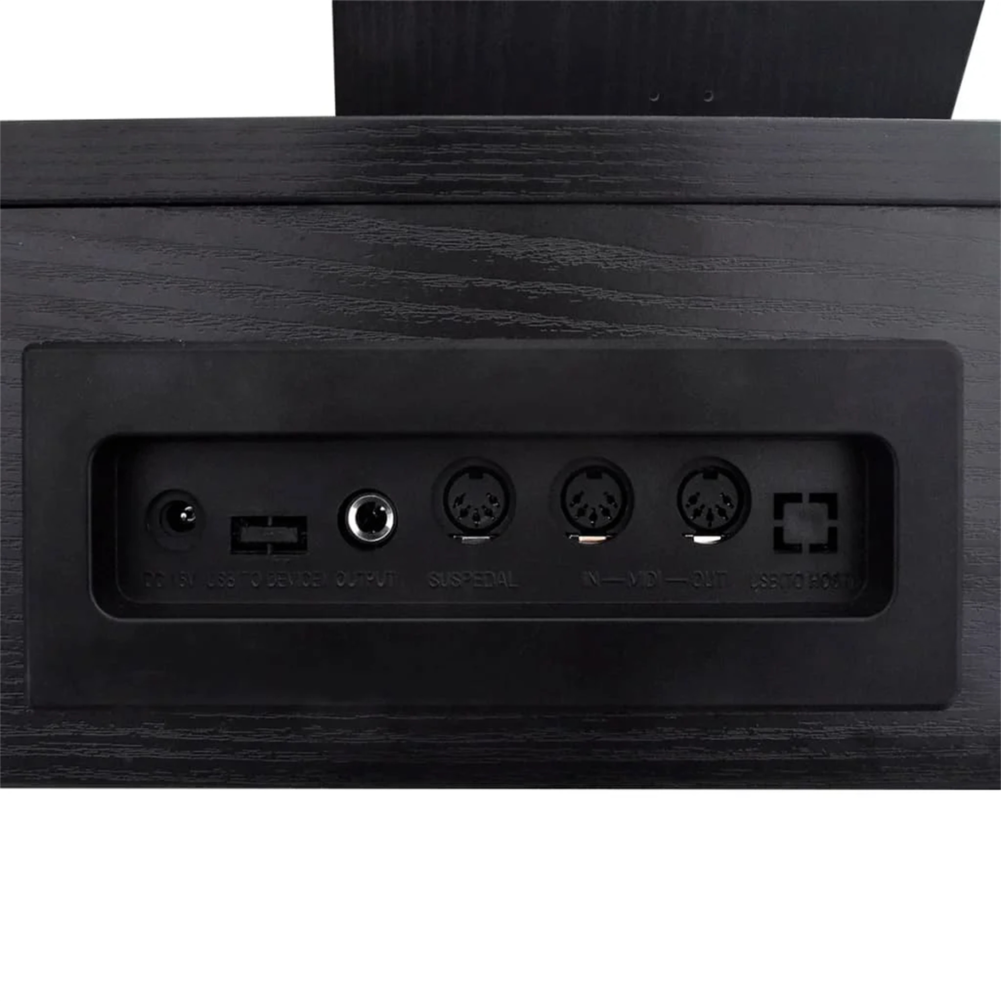 Rückseite einer Tastatur mit mehreren Anschlussports: DC 15V, Output, Suspedal, MIDI In/Out und USB to Host.