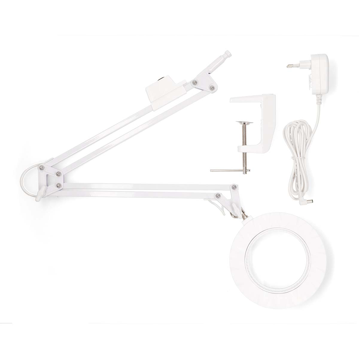 Witte vergrootlamp met klem en netsnoer. Cirkelvormige lens en verstelbare arm.