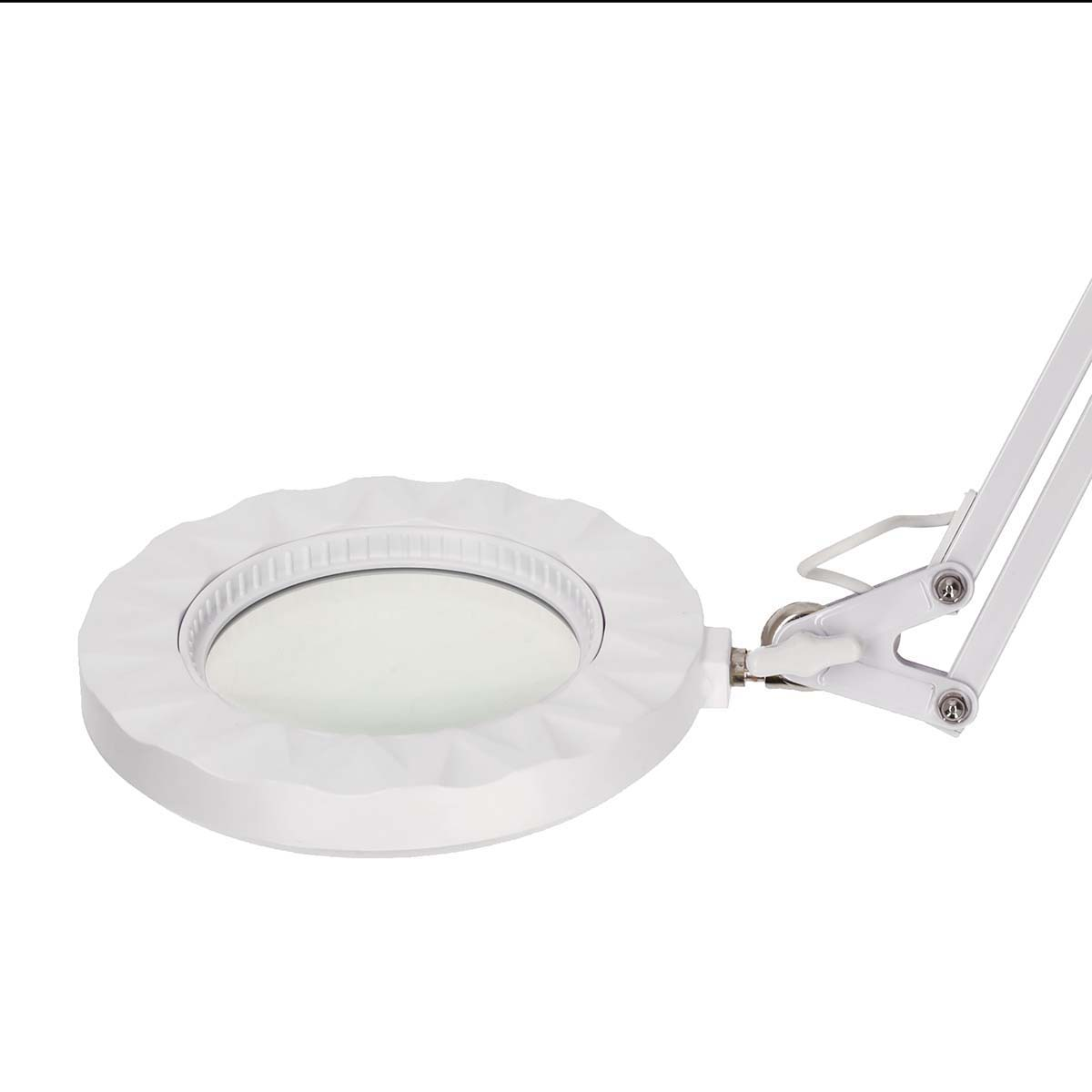 Een witte vergrootlamp met een grote lens en een flexibele arm.