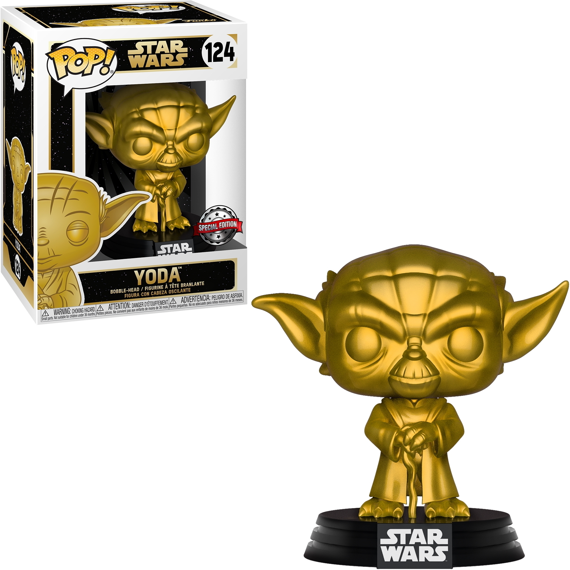 Eine goldene Yoda Funko Pop Figur in ihrer Box. Yoda ist gold, in traditioneller Pose, auf schwarzer Basis.