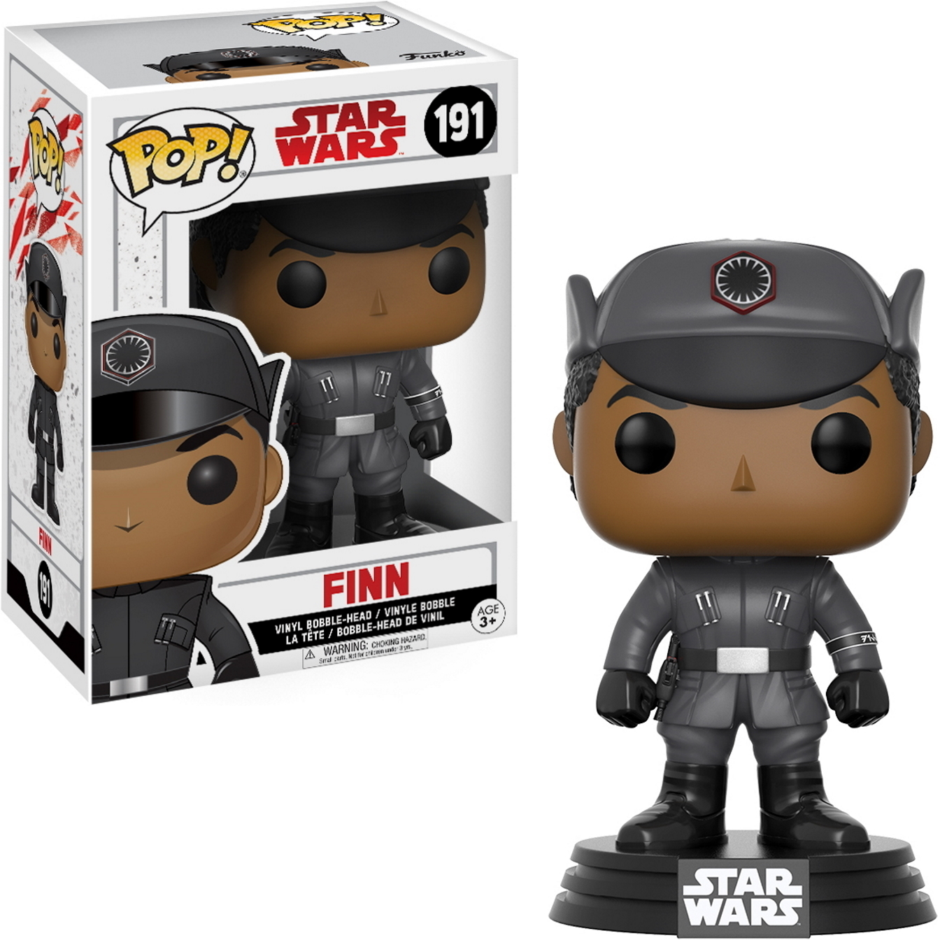 Funko Pop von Finn aus Star Wars. Figur in Uniform und Box mit Kunst.