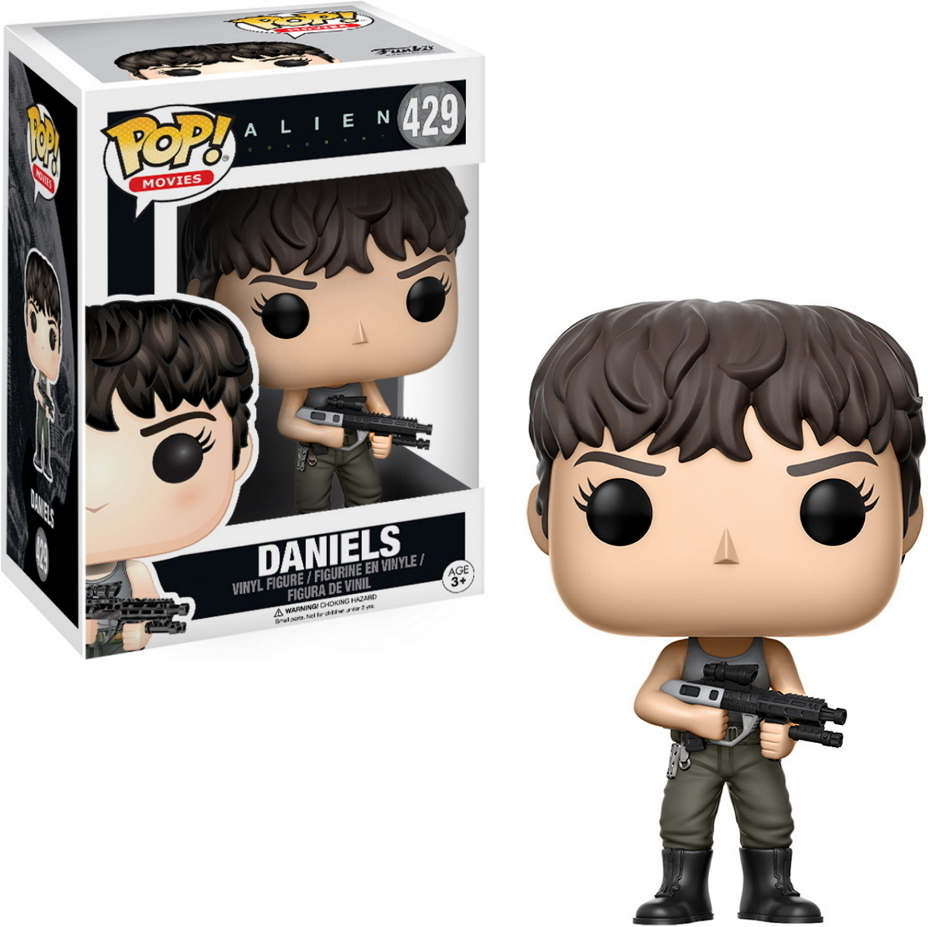 Eine Funko Pop-Figur von Daniels aus Alien, die eine Waffe hält. Die Figur befindet sich in einer Box mit dem Pop Movies-Logo.
