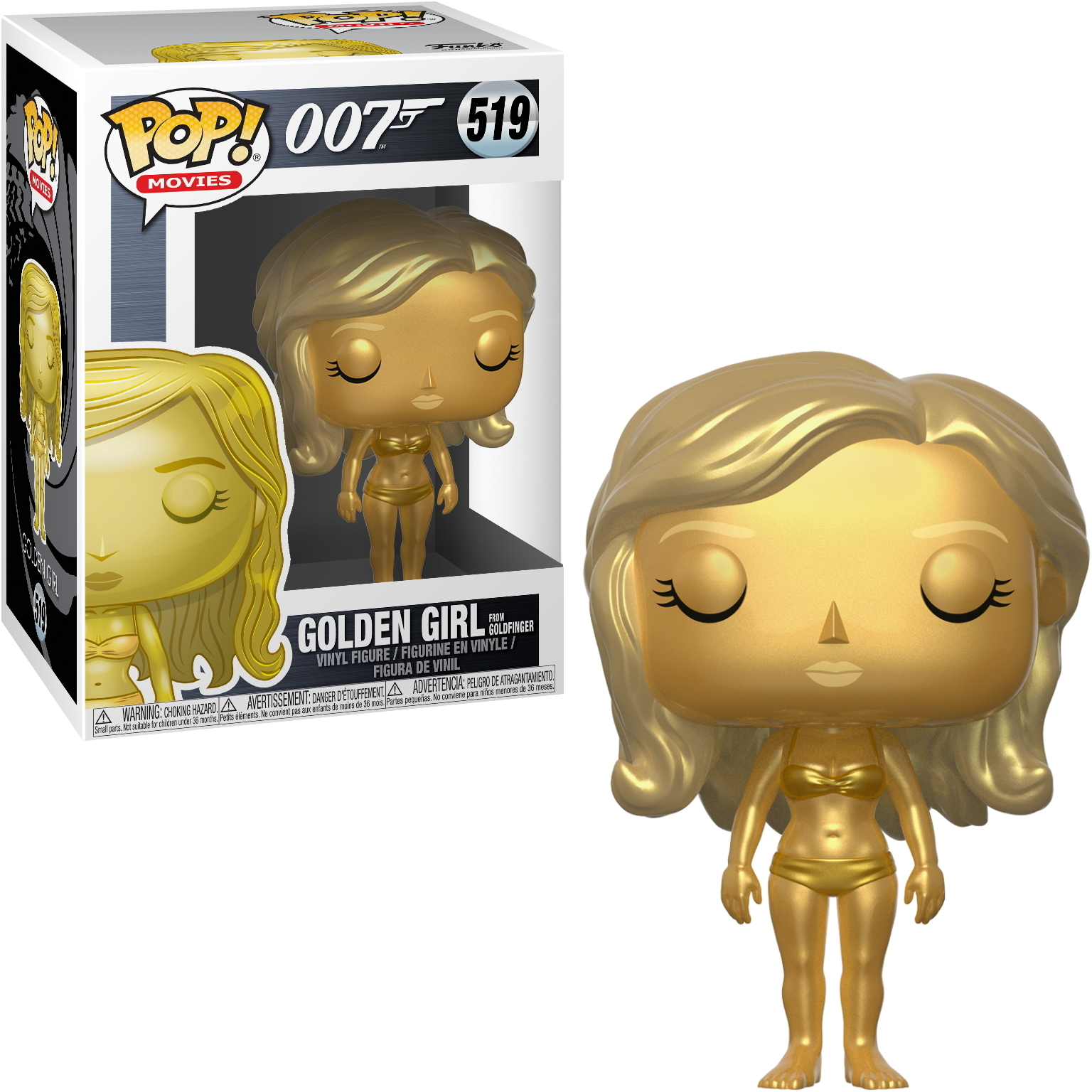 Eine goldene Mädchen Funko Pop Figur mit einer Box. Die Figur ist golden und in einem Bikini.