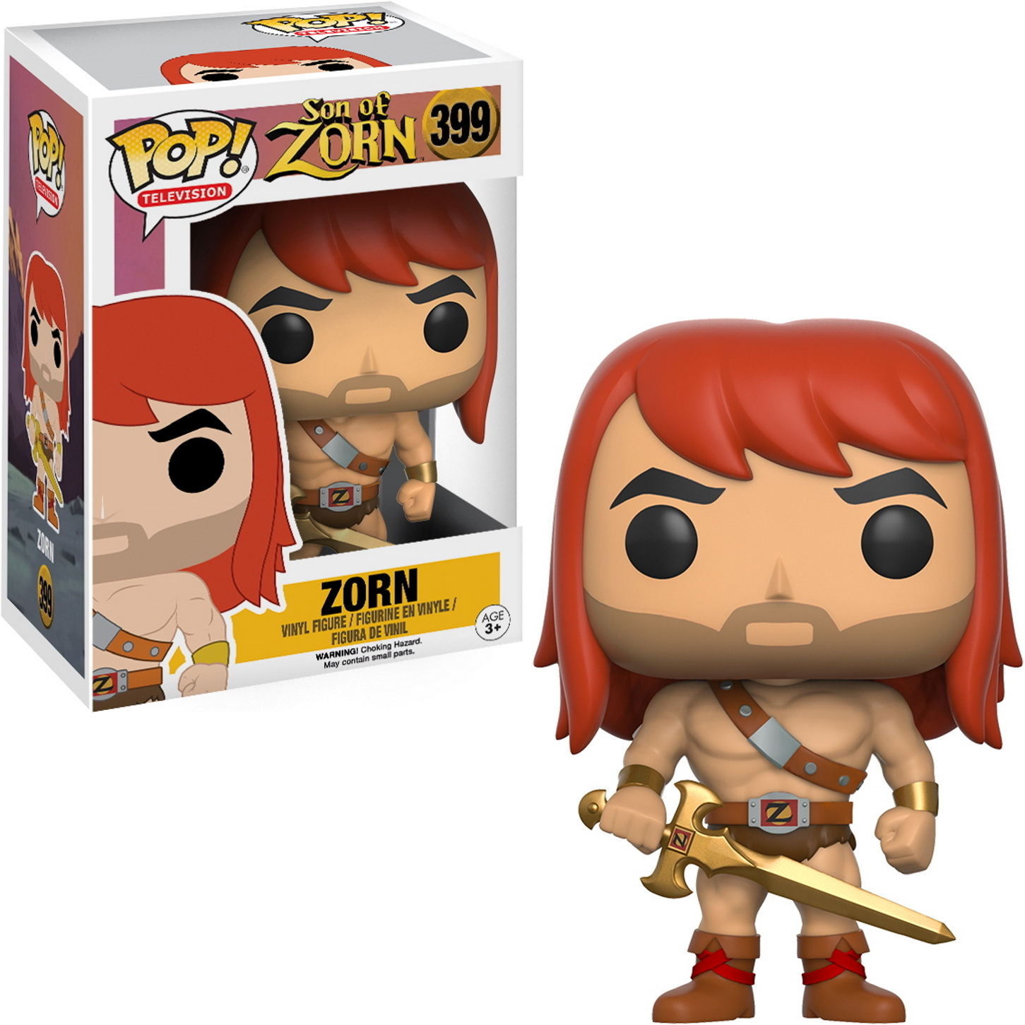 Eine Zorn-Actionfigur mit ihrer Box. Die Figur hat rotes Haar und ein Schwert.