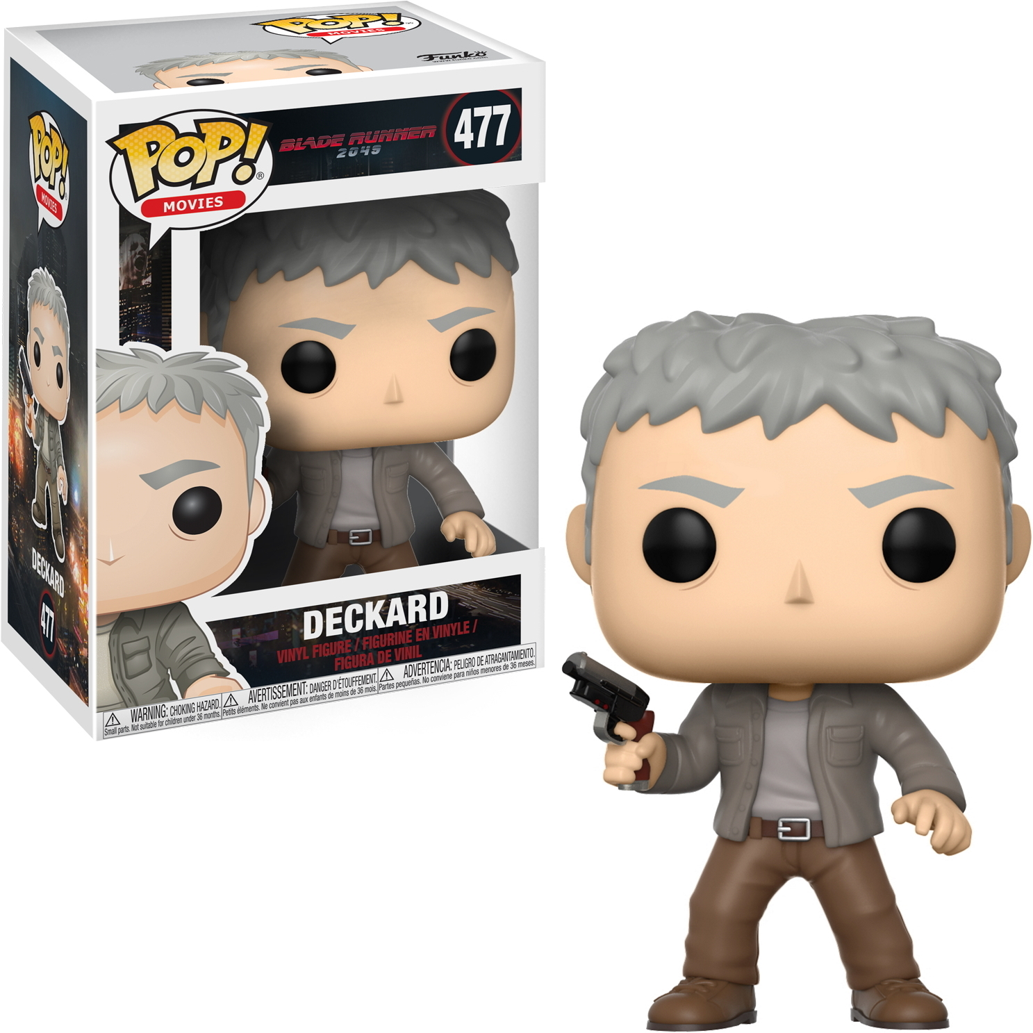 Funko Pop Figur von Deckard aus Blade Runner mit einer Pistole, mit Box.