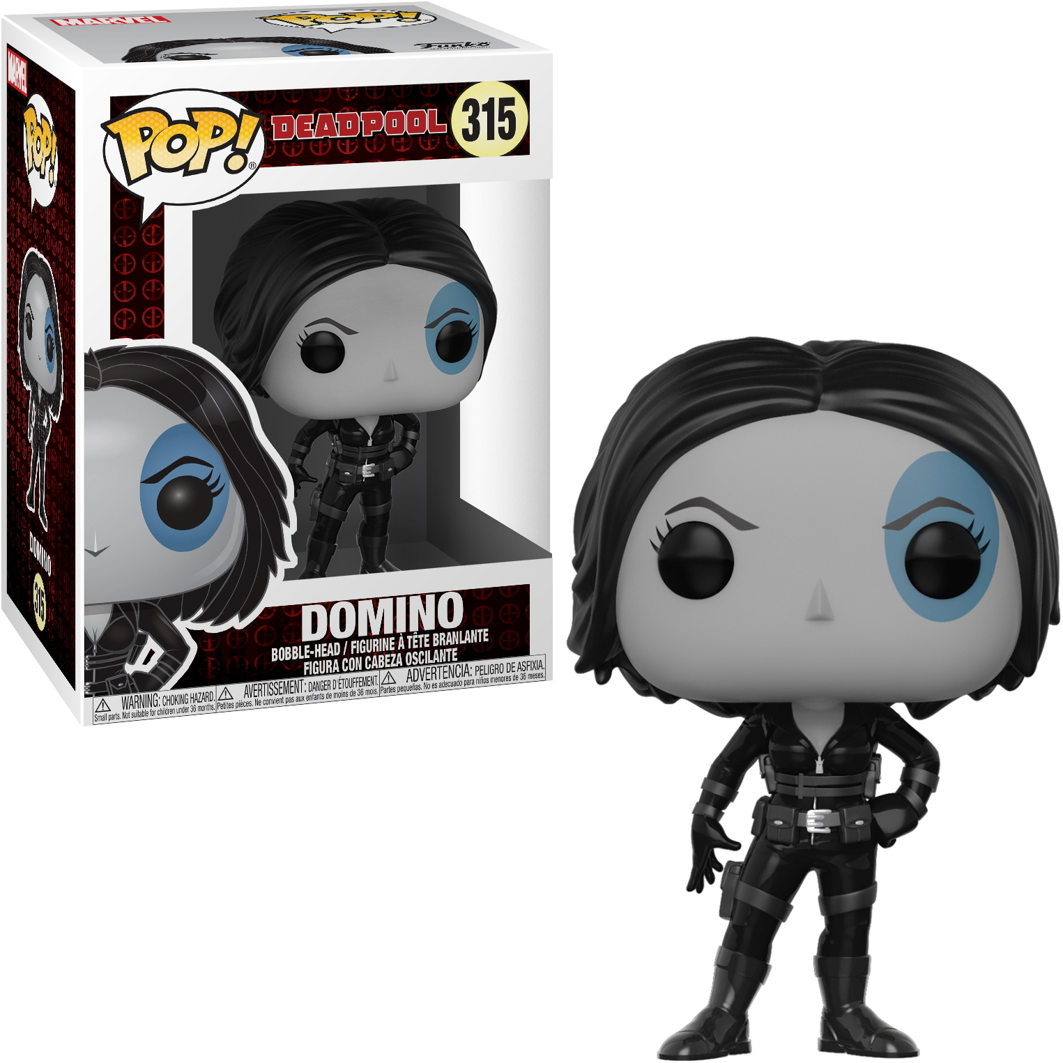 Domino Funko Pop Figur in der Box und außerhalb. Sie hat ein blaues Auge.
