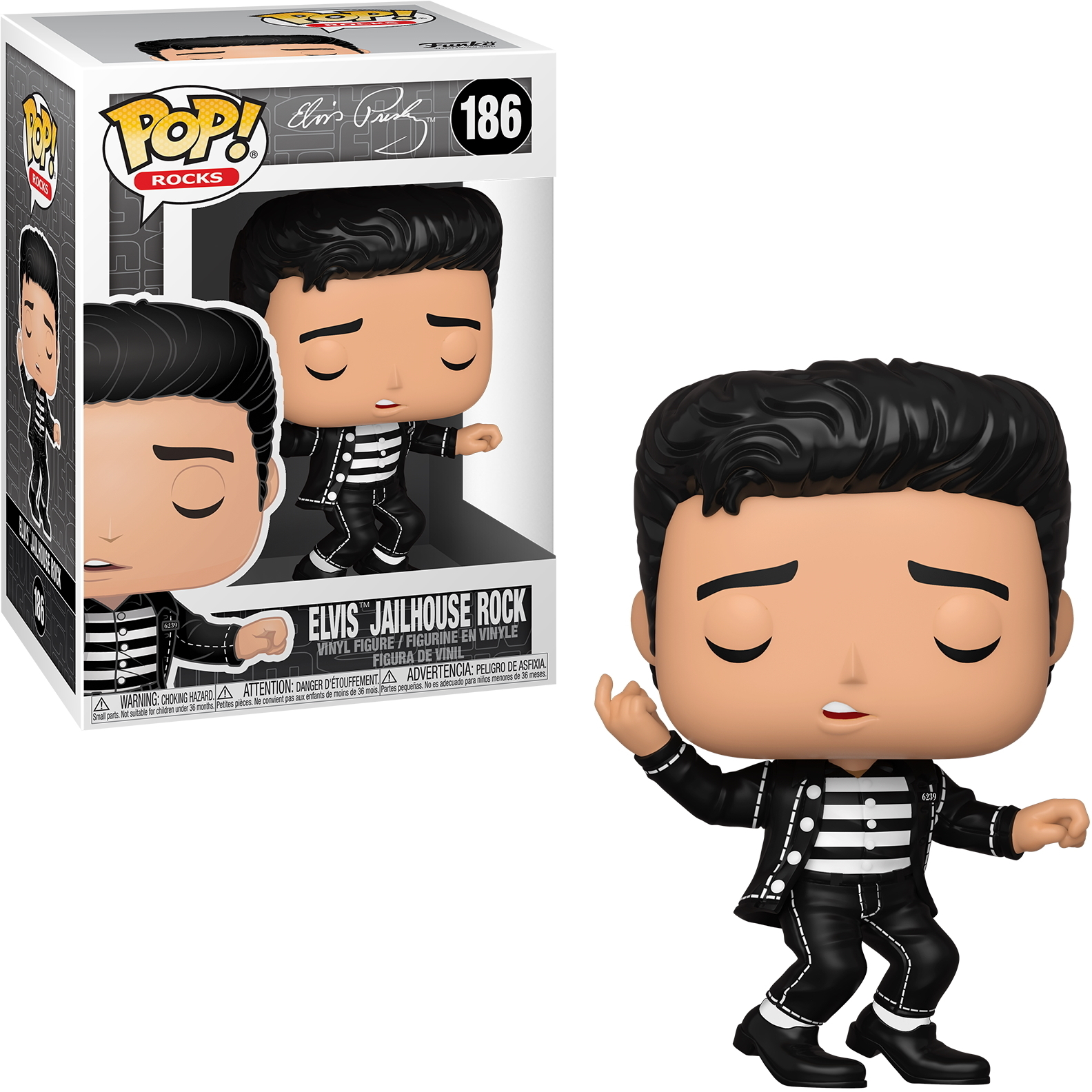 Eine Funko Pop Figur von Elvis Presley in einem Gefängnis-Outfit, stehend neben der Box.