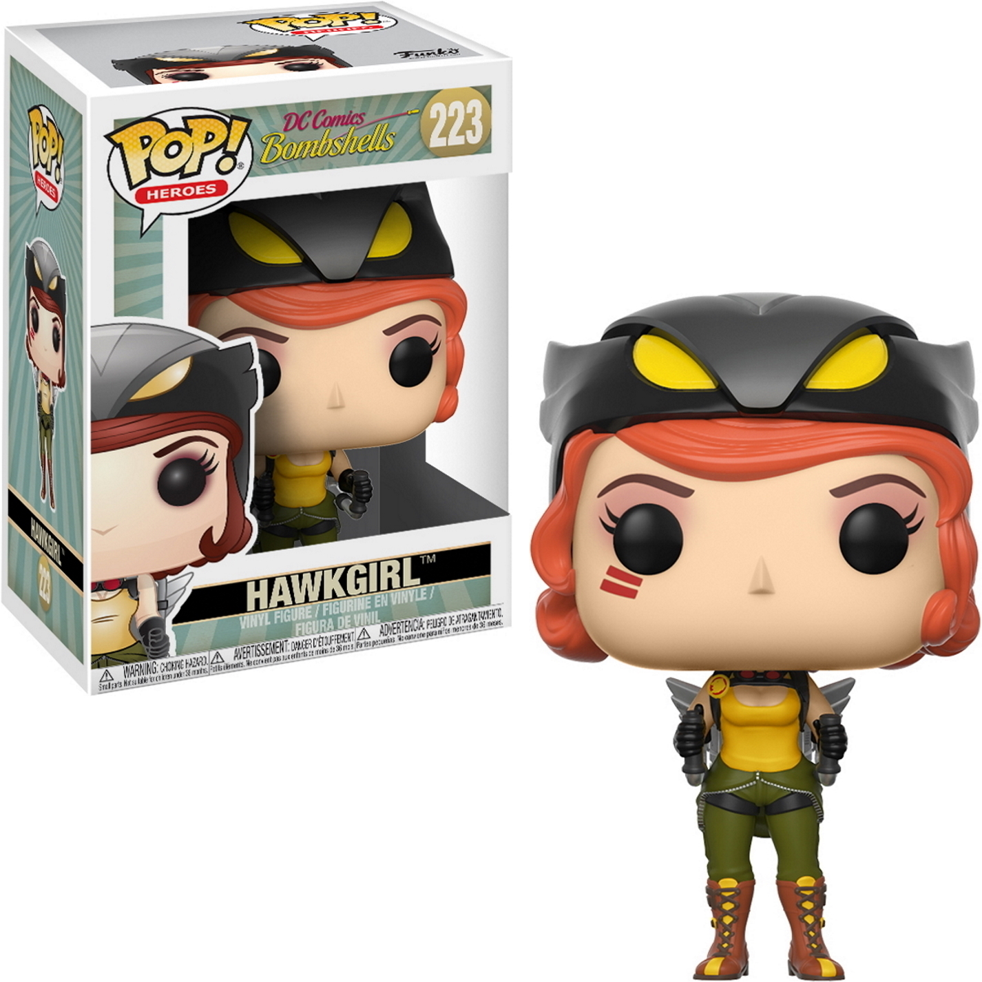 Hawk Girl Funko Pop Figur in der Box und außerhalb. Sie hat ein gelbes Oberteil, rote Haare und Maske.