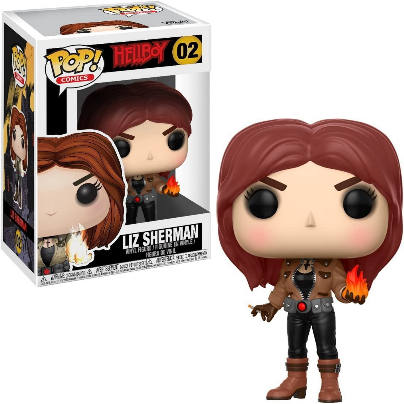 Liz Sherman dalla figura POP di Hellboy, con scatola, che tiene il fuoco.