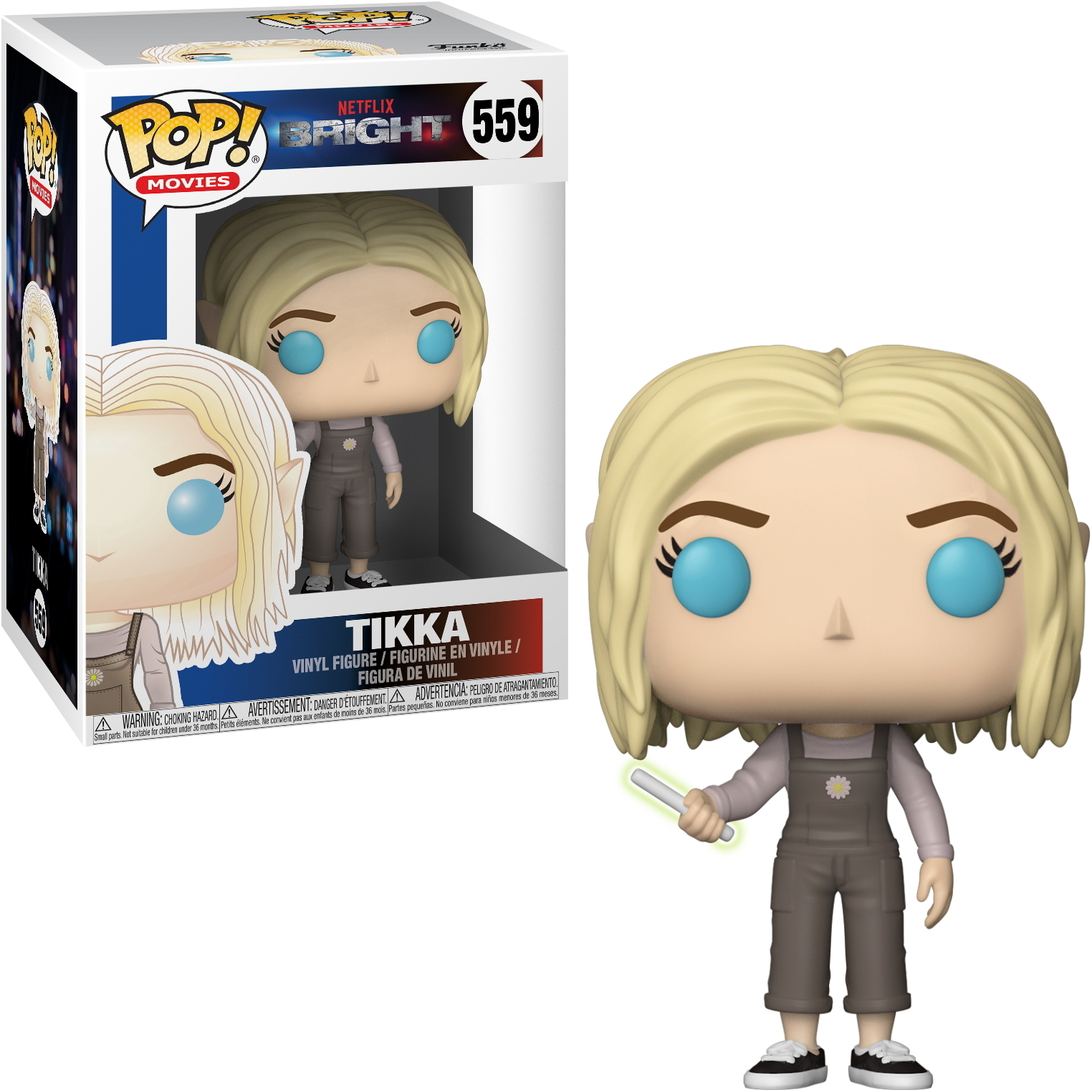 Funko Pop!-Figur von Tikka aus dem Film Bright. Blondes Haar, blaue Augen und brauner Overall.