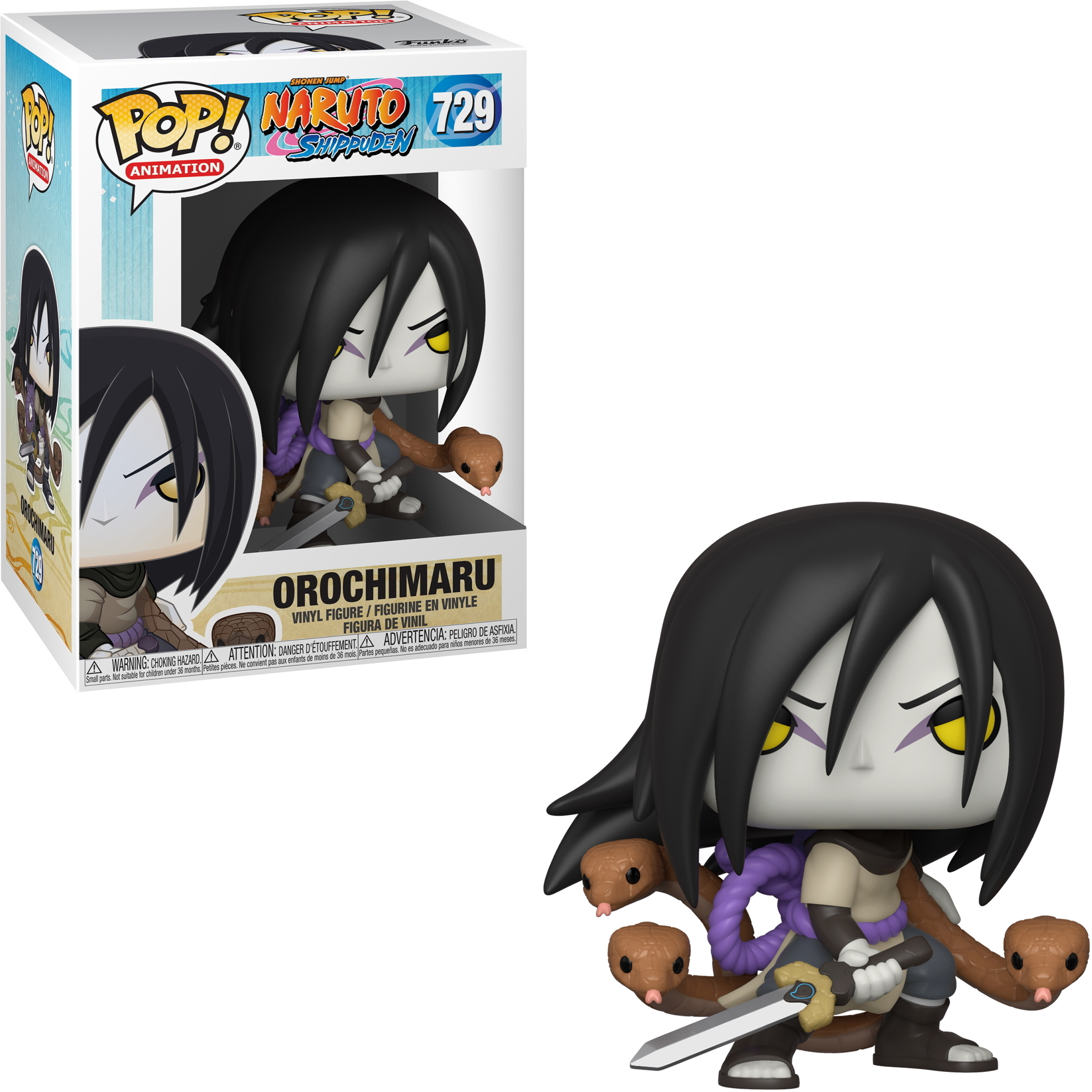 Figura di Orochimaru dall'anime Naruto, in scatola e fuori, con serpenti.