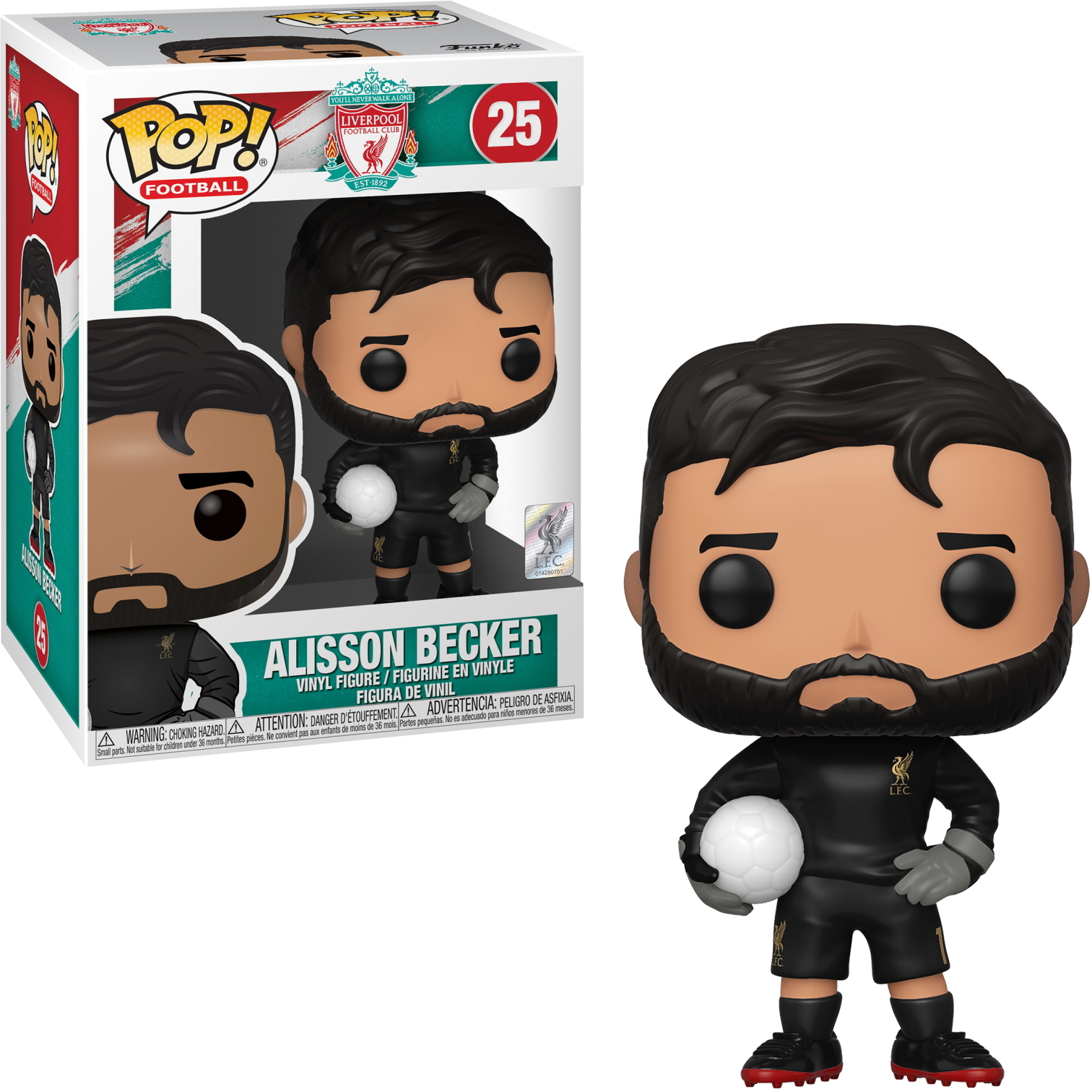 Alisson Becker Funko Pop Figur mit Box. Die Figur hält einen weißen Ball.