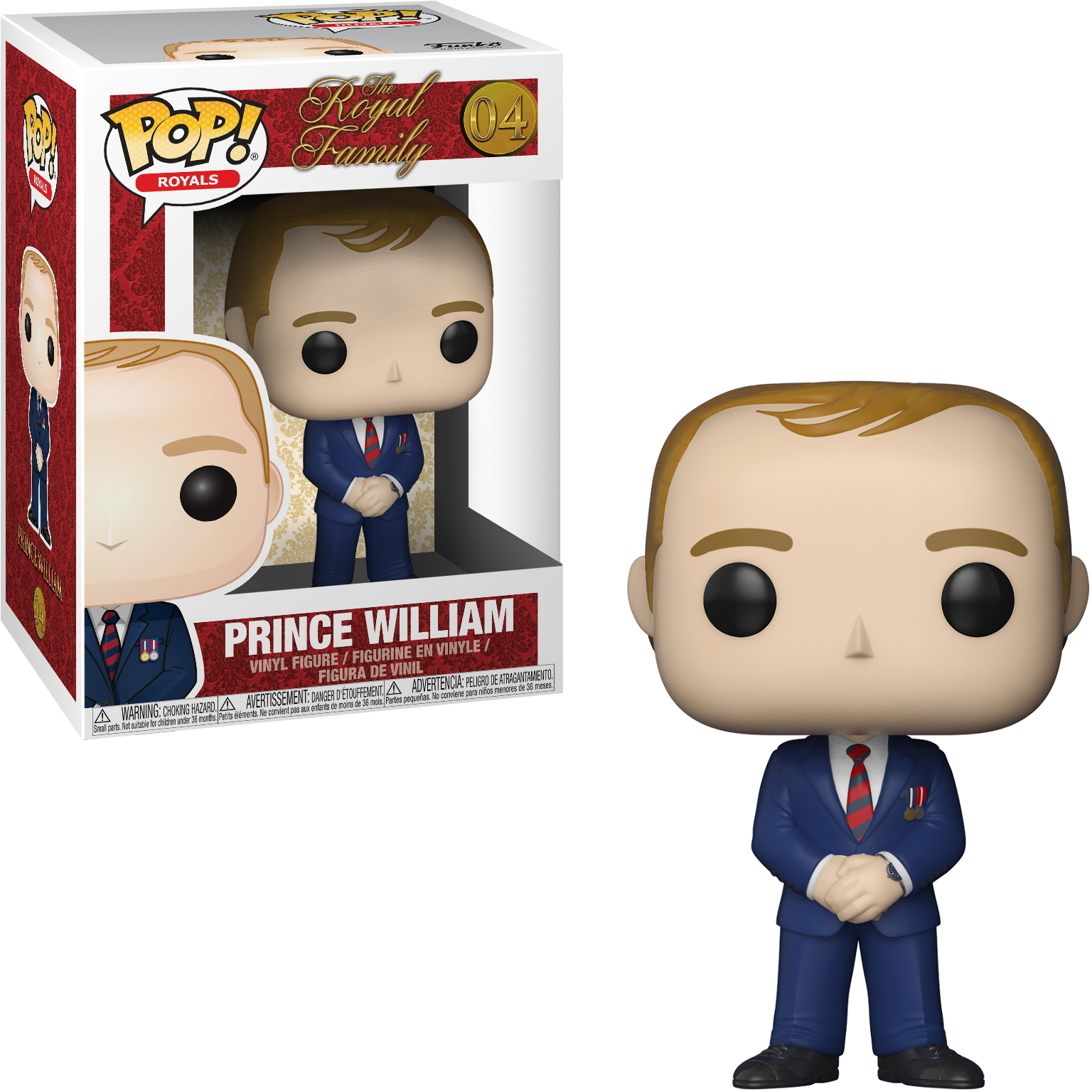 Figurka Funko Pop księcia Williama. Ubrany w granatowy garnitur i czerwoną krawatę. Figurka w pudełku po lewej.
