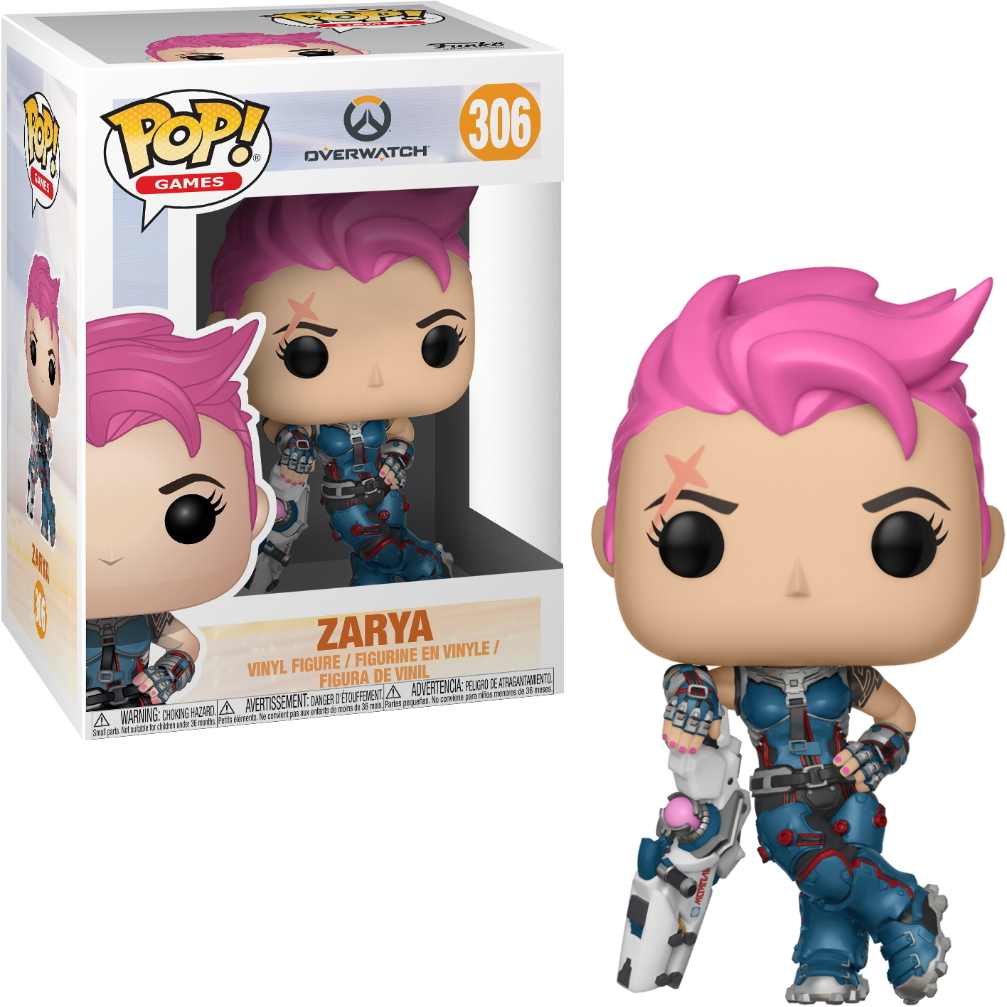 Figura Funko Pop di Zarya di Overwatch. Indossa un completo blu e rosso, con capelli rosa e una pistola.