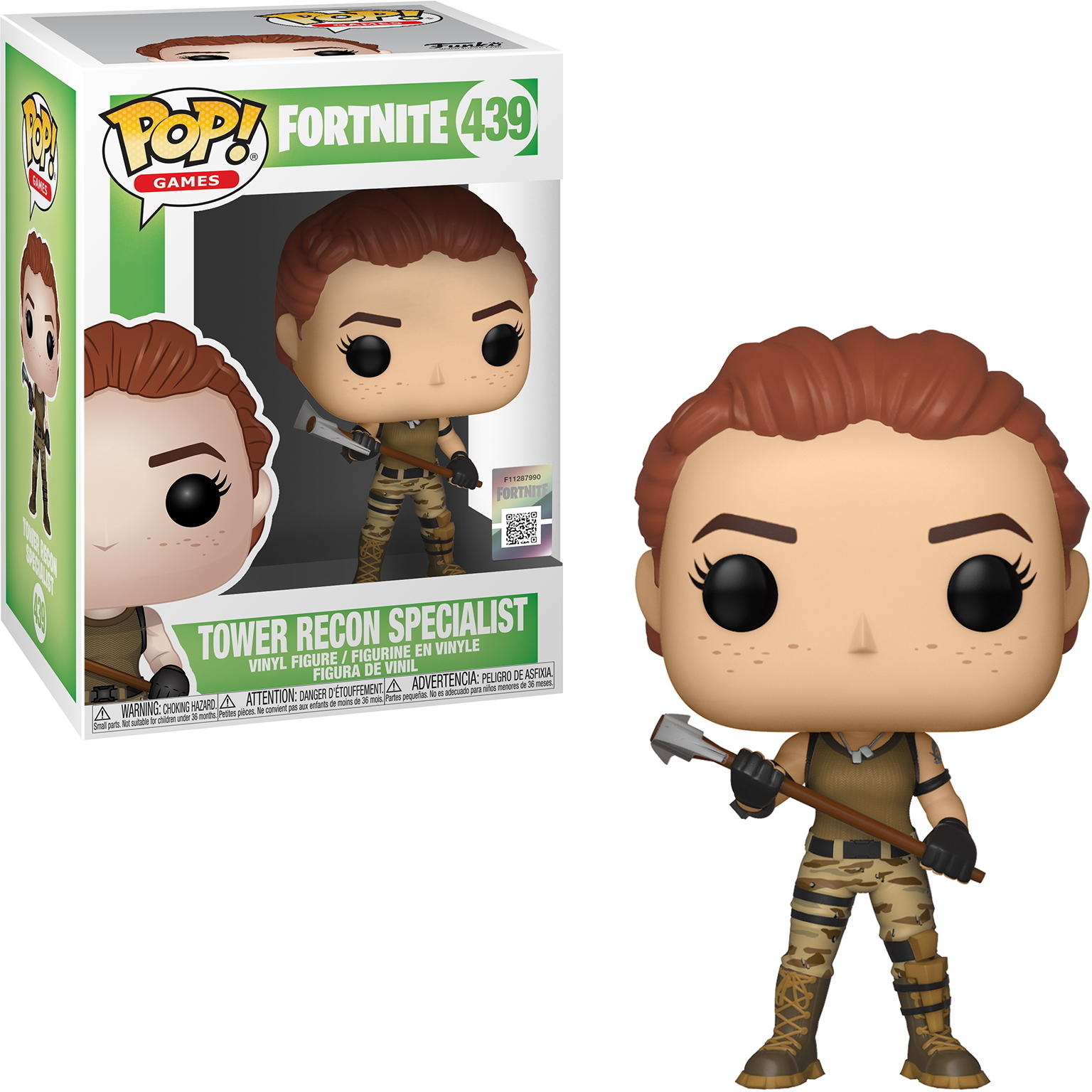 Fortnite Tower Recon Specialist Figur in und außerhalb der Box, Axt haltend.