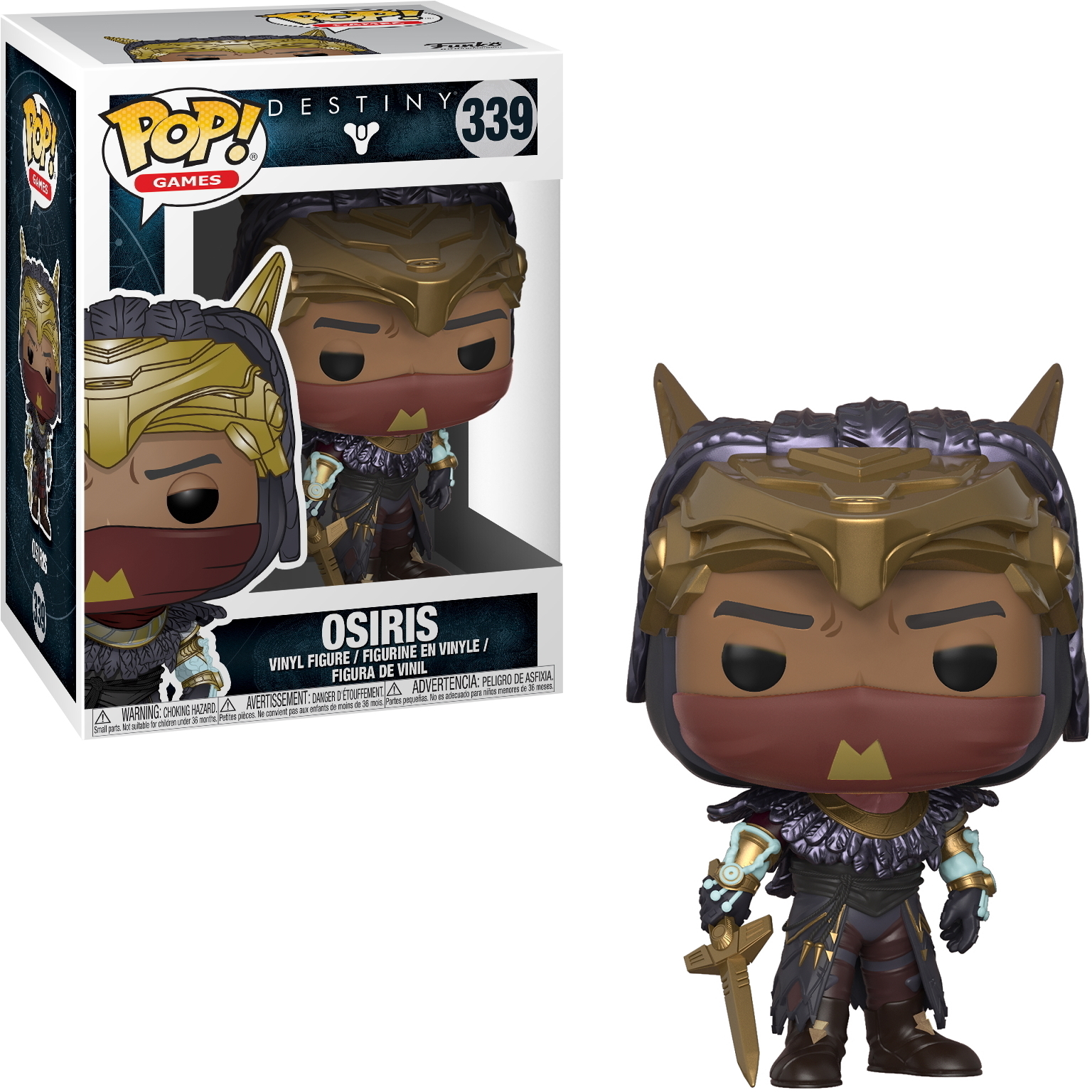 Figurka Funko Pop Osirisa z Destiny, z pudełkiem po lewej stronie, na białym tle.