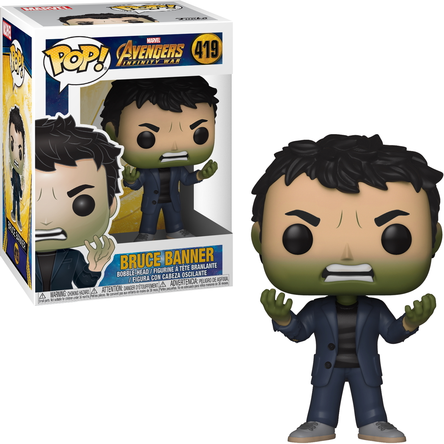 Bruce Banner Figur aus Avengers: Infinity War. Grüne Haut, wütender Ausdruck.