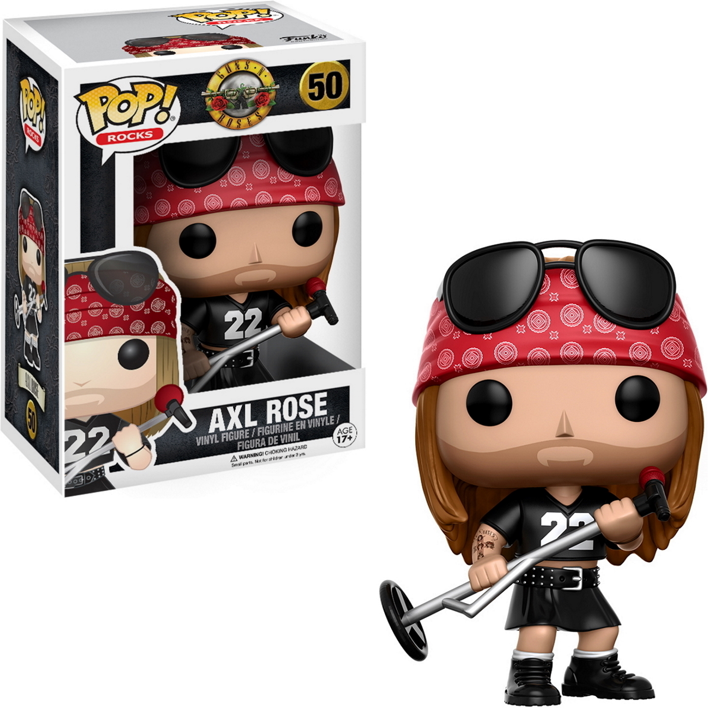 Figura Funko Pop! de Axl Rose con micrófono y accesorios. Caja en el fondo.