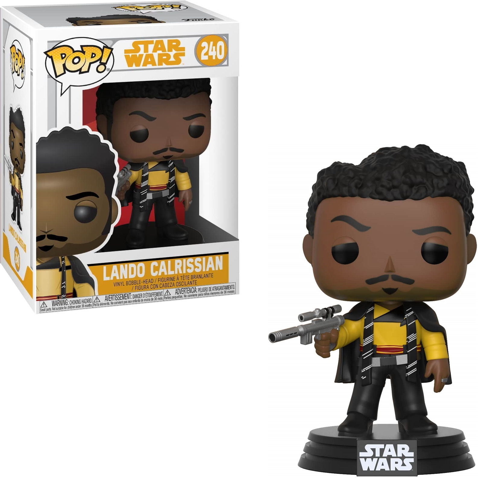 Figurka Funko Pop Lando Calrissian i pudełko. Figurka trzyma blaster.