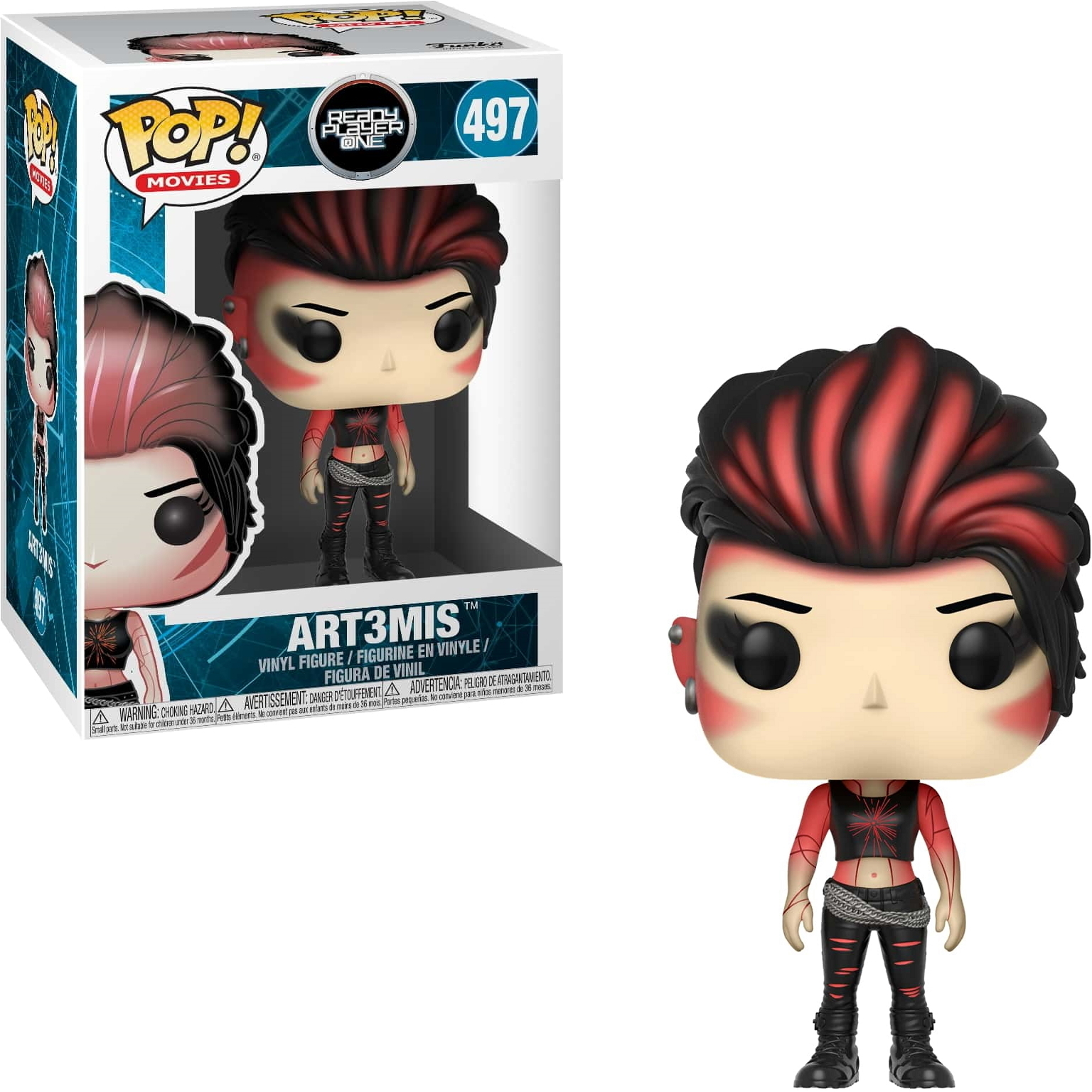 Artemis Funko Pop Figur. Box und Figur zeigen die Figur mit rot-schwarzen Haaren und rotem Outfit.