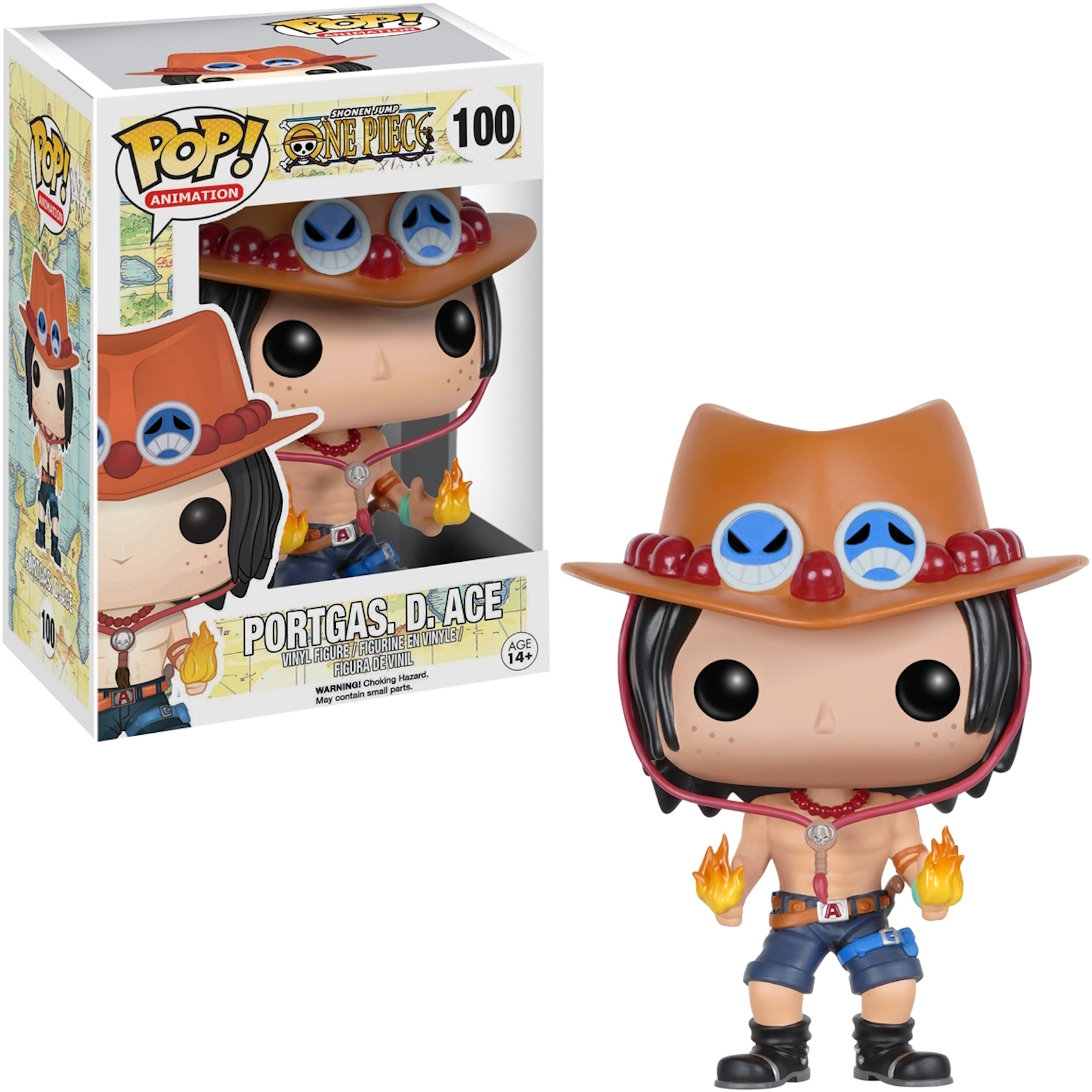 Funko Pop! Figur von Portgas D. Ace aus One Piece, mit Hut und Flammen, mit Box links.