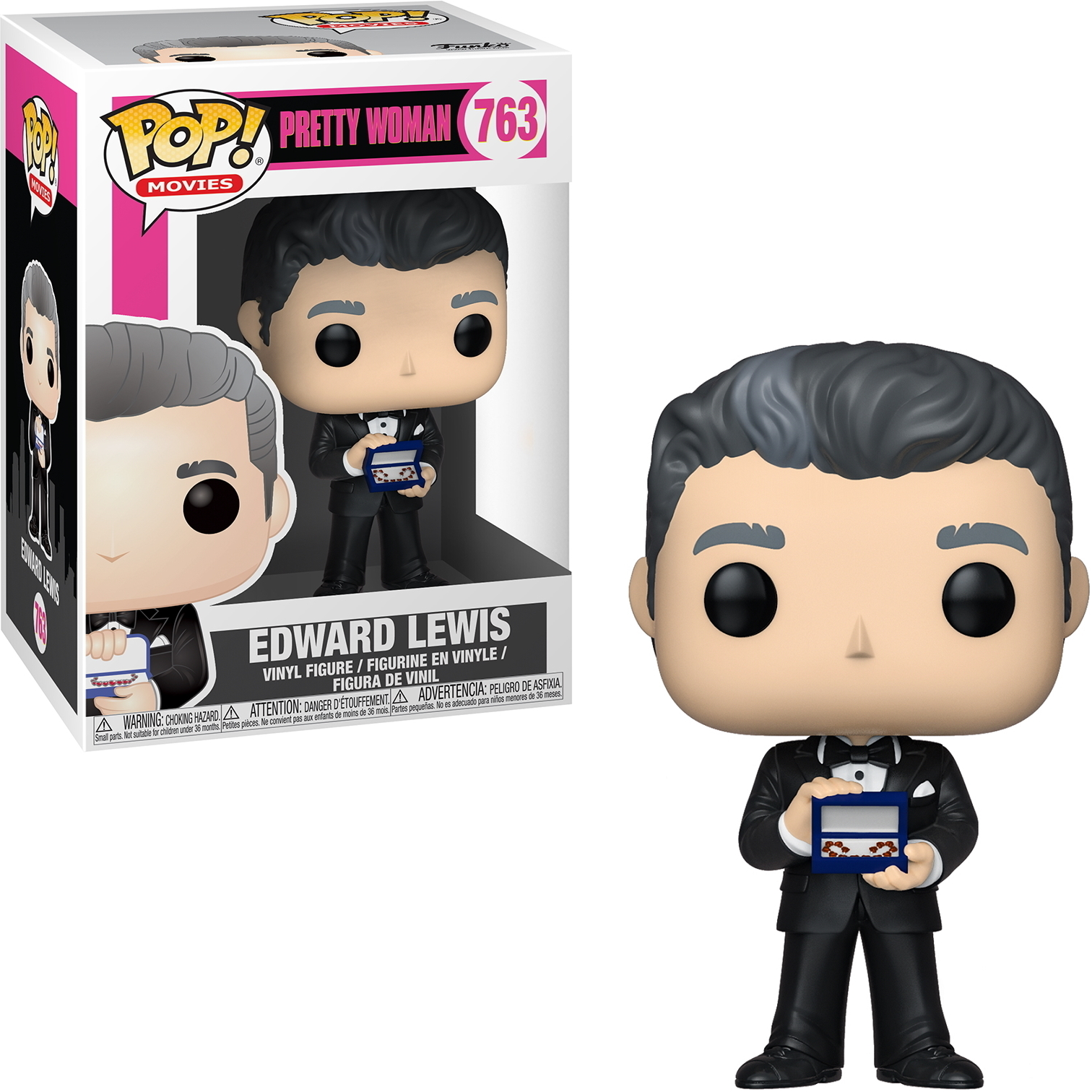 Edward Lewis Funko Pop Figur, die eine Schmuckschatulle hält. Weißer Hintergrund.