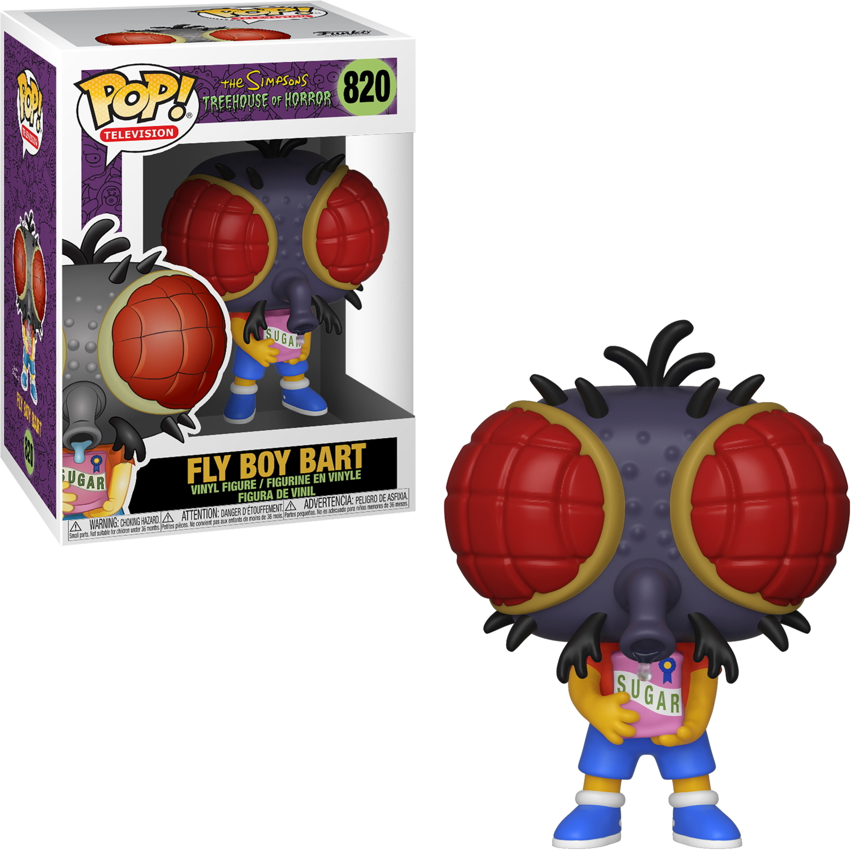 Eine Funko Pop Figur von Fly Boy Bart, der ein Schild mit SUGAR hält, mit einer Box.