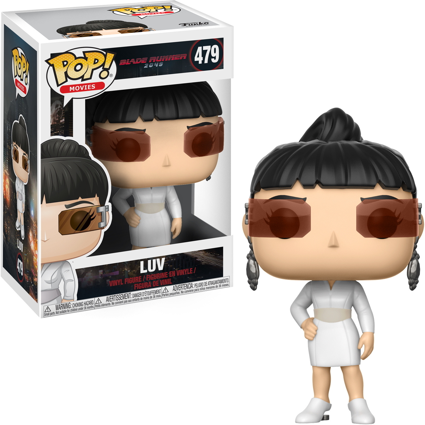 Eine Funko Pop-Figur von Luv aus Blade Runner 2049, mit der Figur und ihrer Box.