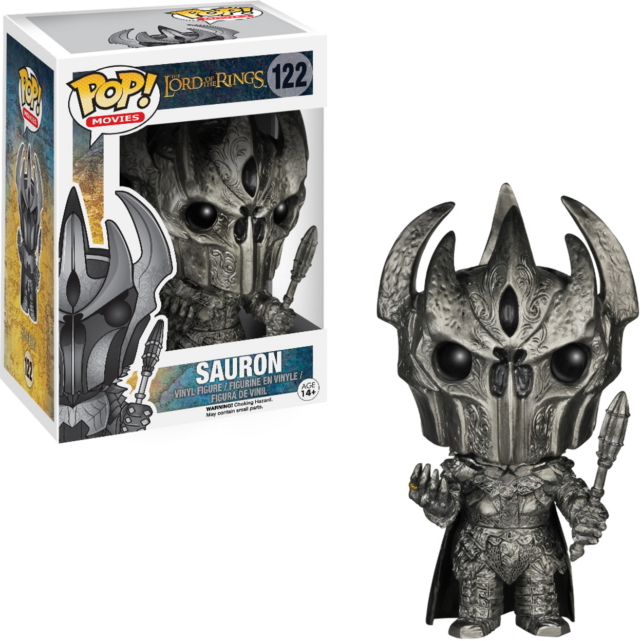 Sauron-Figur aus Herr der Ringe, mit Schachtel. Die Figur ist silberfarben und trägt einen Helm.