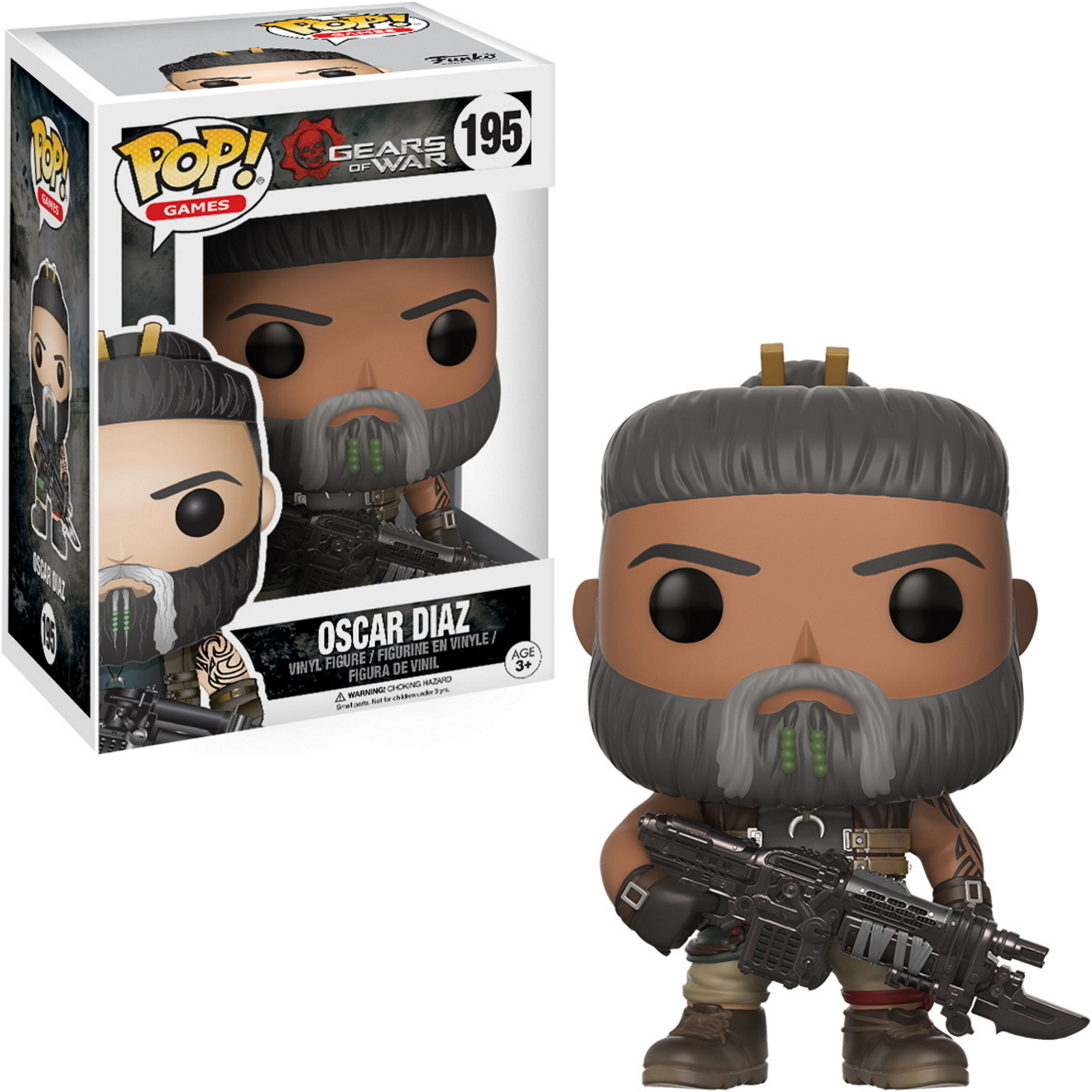 Oscar Diaz Funko Pop-Figur, Gears of War. Mann mit Bart, hält eine Waffe. Box im Hintergrund.