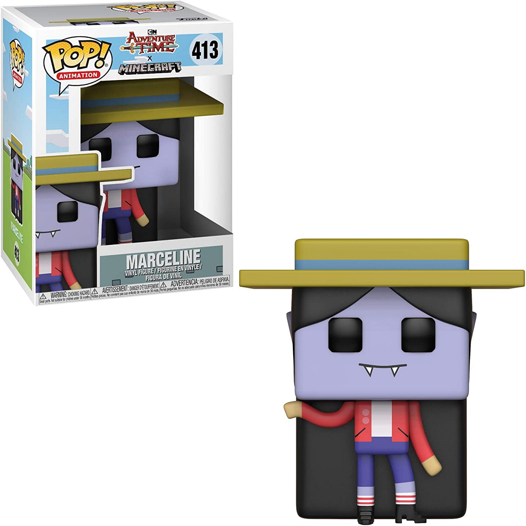Marceline Funko Pop-Figur. Sie trägt einen Hut, ein rotes Hemd und eine blaue Hose. Die Box steht hinter ihr.