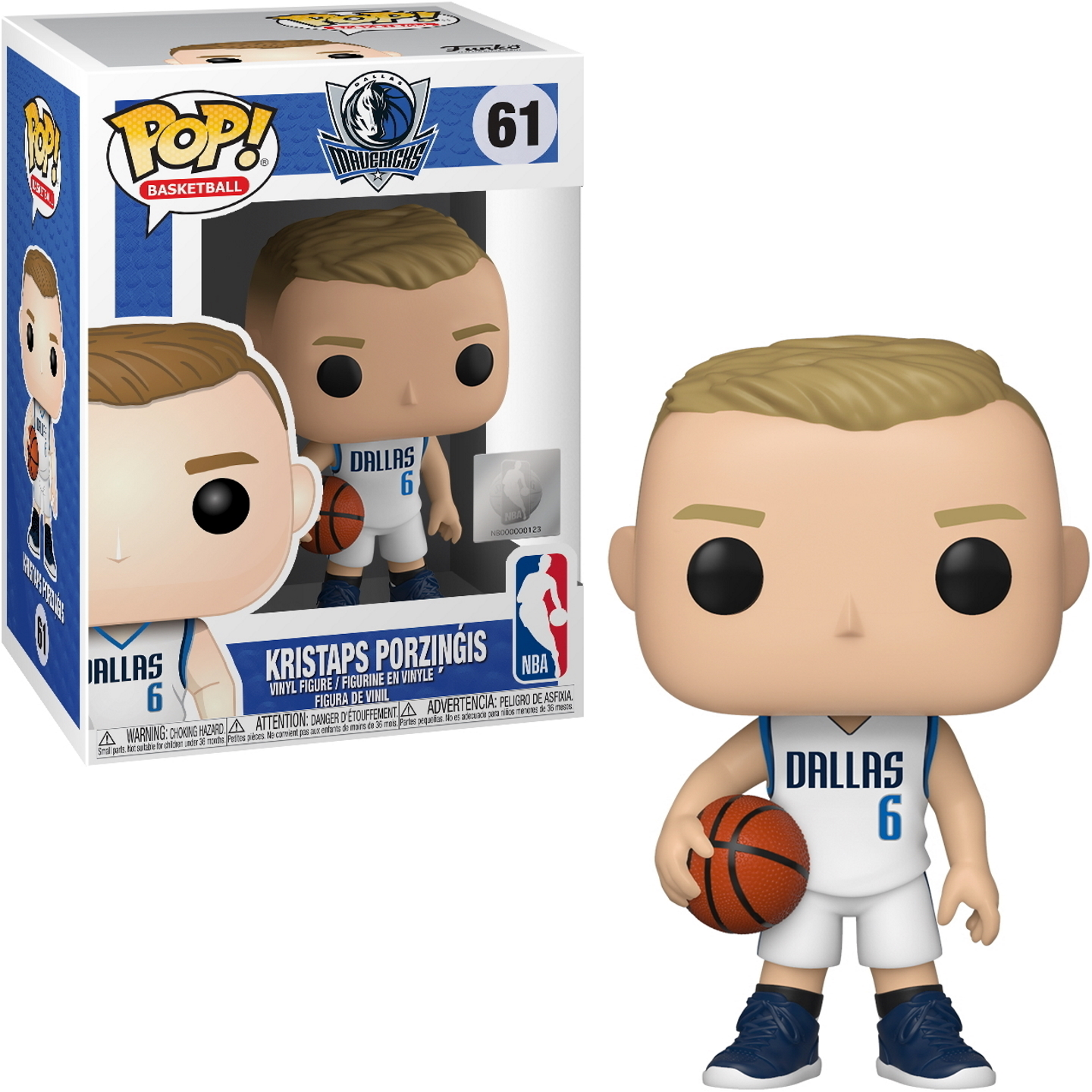 Basketballspieler-Figur, die einen Ball hält. Weiße Box mit Text und Logo.